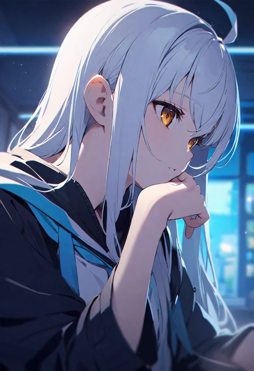 Shirakami Fubuki/(Holo live/), vivid, Delicate skin, high detail, 8K,silver hair、semi long hair,{{{{{{{{ Black Parker Oversized Profile }}}}}}}},Beautiful and delicate golden eyes,thinking,black clothes,