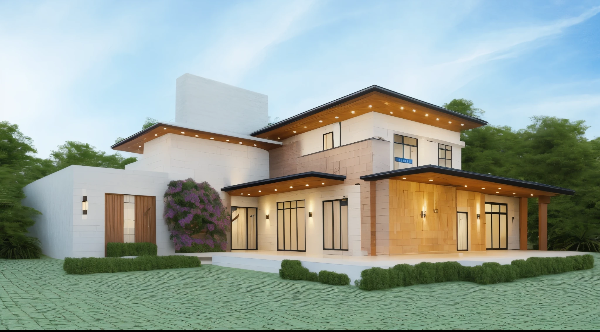 1 main wood door, many glass door, concrete, wood wall,white, modern villa, palm, plant, beautiful sky, wood facade, architecture, beautiful, masterpiece, best quality, super detailed, realistic, photorealistic, 8k, sharp focus, droste effect photography, macro photography