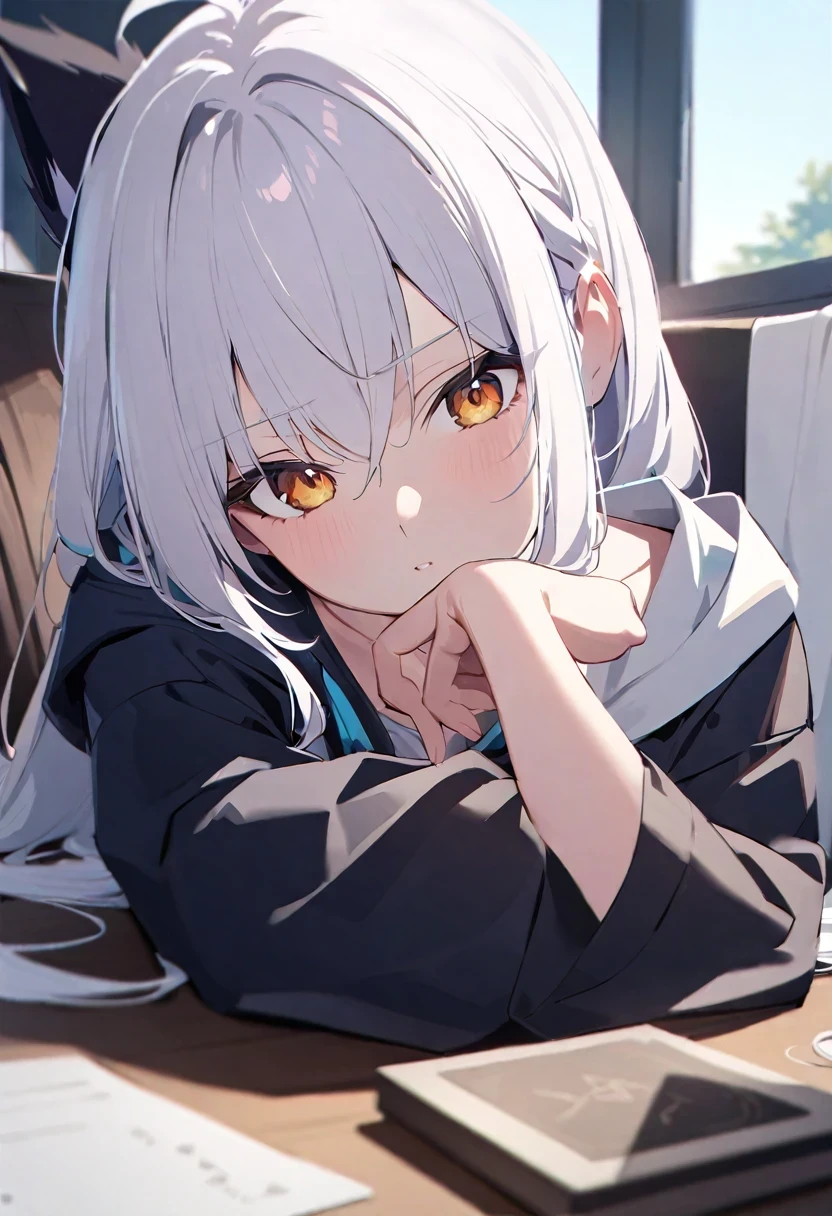 Shirakami Fubuki/(Holo live/), vivid, Delicate skin, high detail, 8K,silver hair、semi long hair,{{{{{{{{ Black Parker Oversized Profile }}}}}}}},Beautiful and delicate golden eyes,thinking,black clothes,
