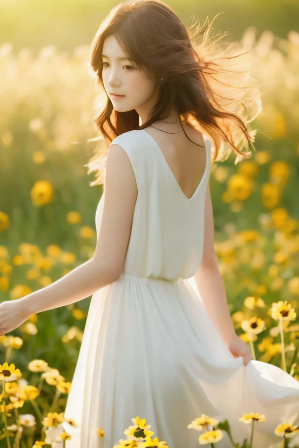 A woman in a white dress is standing in a flower field, heavenly beauty, subtle backlight, flowing white dress, beautiful korean girl, beautiful and aesthetic, white hanbok, Subtle and dreamy, flowing dress, skinny girl in white bohemian dress, dreamy and heavenly, the subtle glare of the sun, very beautiful and ethereal, Beautiful young Korean woman