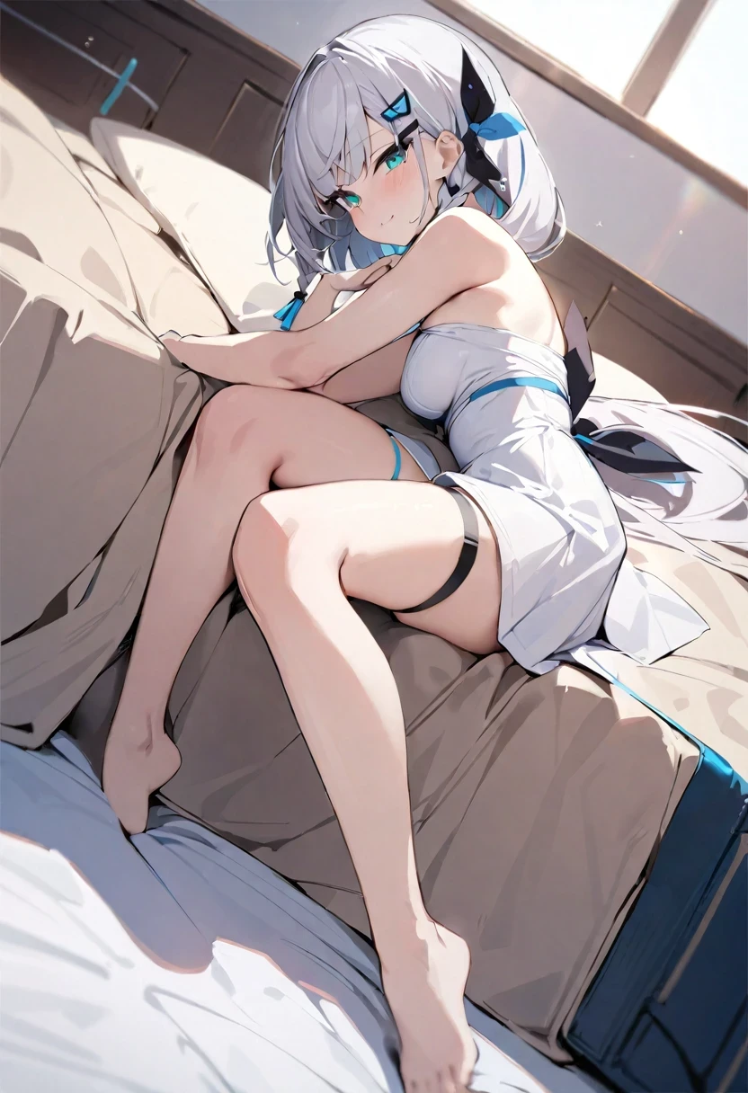 Shirakami Fubuki/(Holo live/), ((masterpiece)), (best quality), son-in-law news, Virtual YouTuber, Headbands, hair accessories,white dress, Single thigh high, thigh strap,gray hair ,  whole body