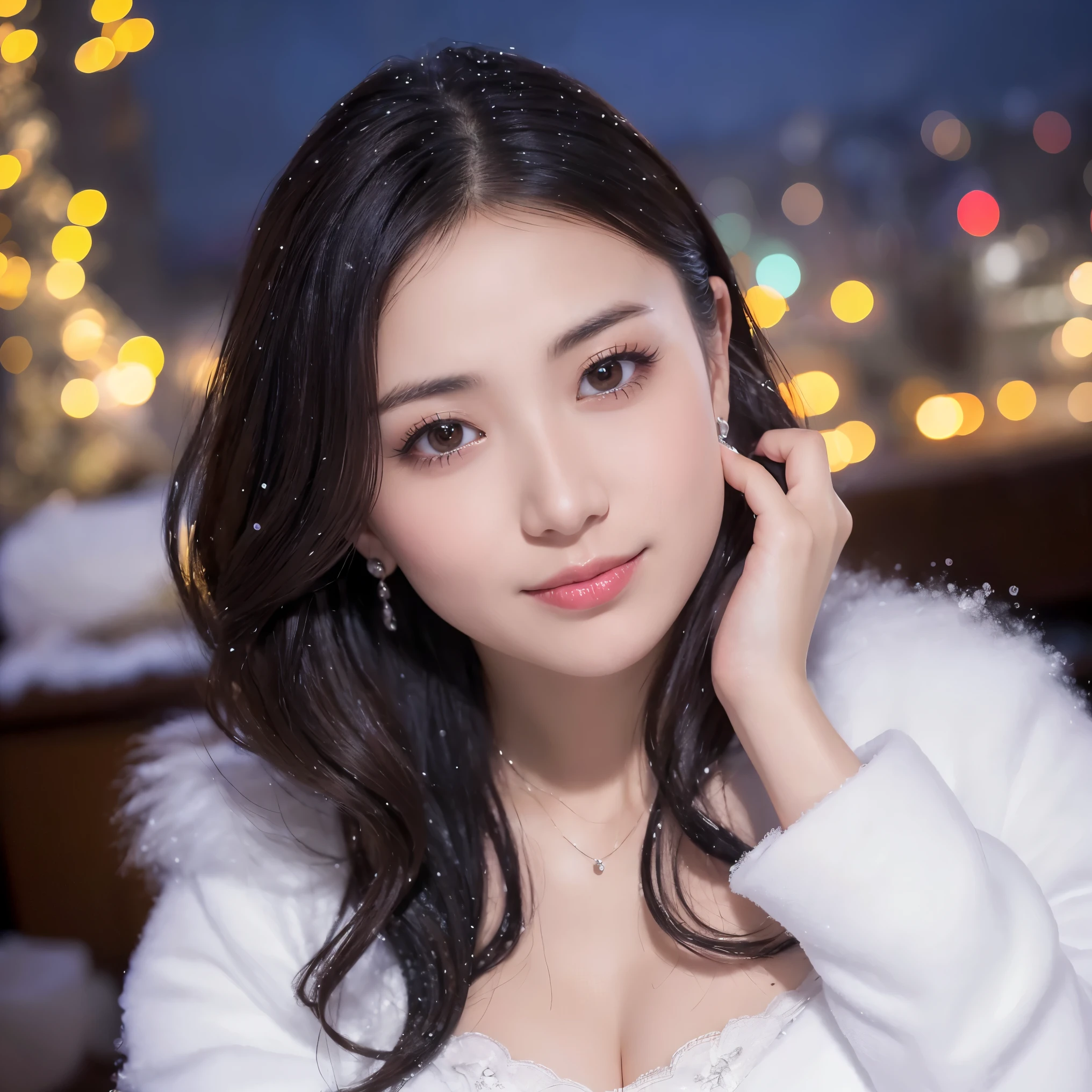 ((highest quality、table top、8K、best image quality、Award-winning work))、one beautiful woman、look at me and smile、(close up of face:1.4)、(cleavage:1.1)、(big breasts:1.1)、(Perfect and classy thick fur coat:1.3)、epic movie lighting、(romantic love feelings:1.2)、(The most romantic and moody atmosphere:1.2)、(winter city:1.1)、Snow scenery of the city:1.1)、(The snow in the air sparkles finely:1.2)、(that&#39;It&#39;s snowing heavily:1.1)、(Tyndall effect:1.1)、(Night view of a snowy city:1.5)、Shining beautiful skin、(accurate anatomy:1.1)、Ultra high definition beauty face、long eyelashes、natural makeup、ultra high definition hair、ultra high resolution eyes、(超高解像度でShining beautiful skin:1.1)、Super high resolution glossy lips、radiant beautiful skin