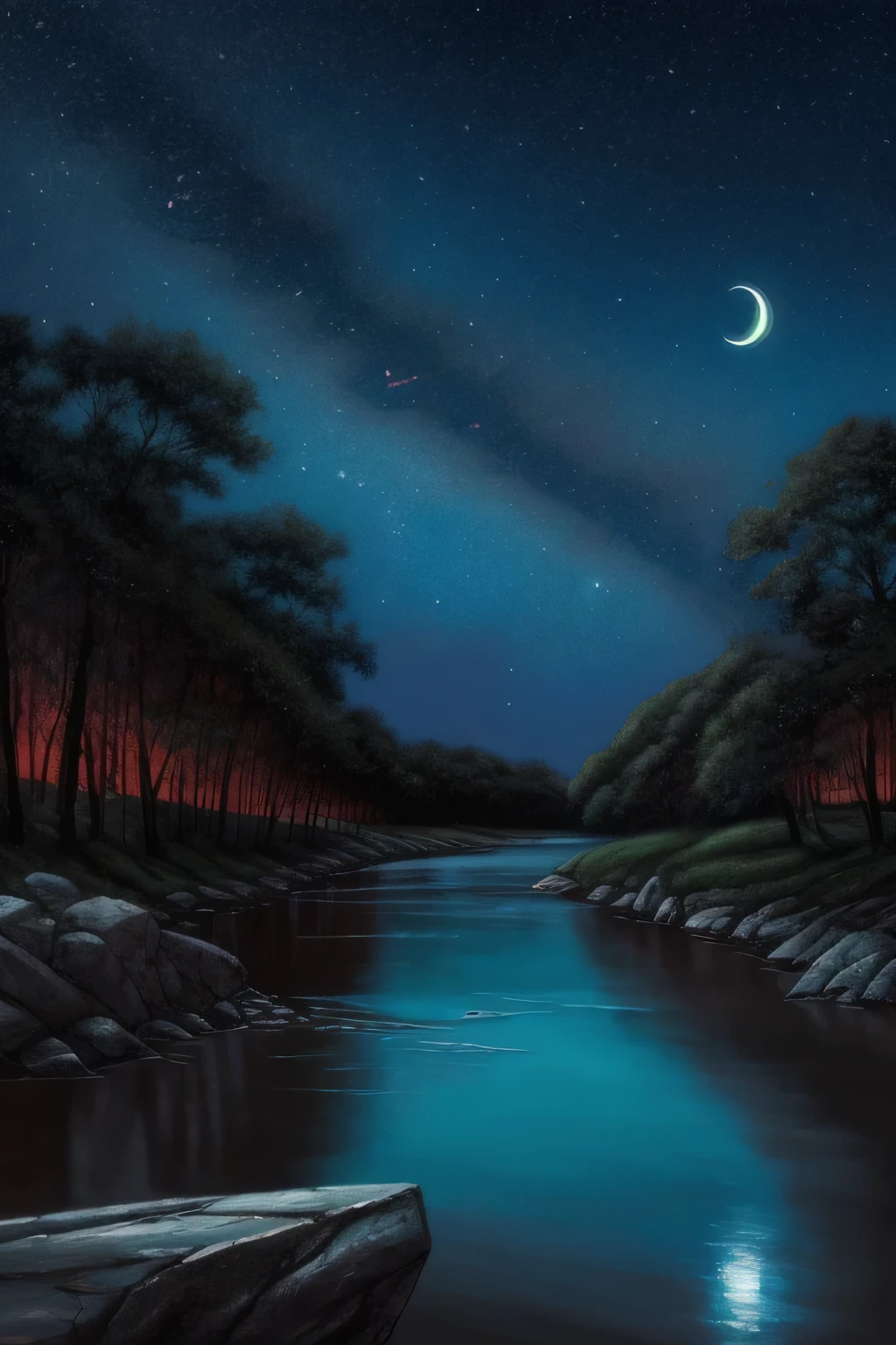 A painting of a river with stars and moon in the sky, concept art inspired by Tosa Mitsuoki, pixiv contest winner, best quality, fantasy art, beautiful anime scene, a bright moon, moonlit starry environment, dream painting, Anime Background Art, Fantasy Landscape Art, Fantasy Night, Anime Background, Background Artwork, Fantastic Art, Atmospheric Anime, Starry Sky, Detail Enhanced.