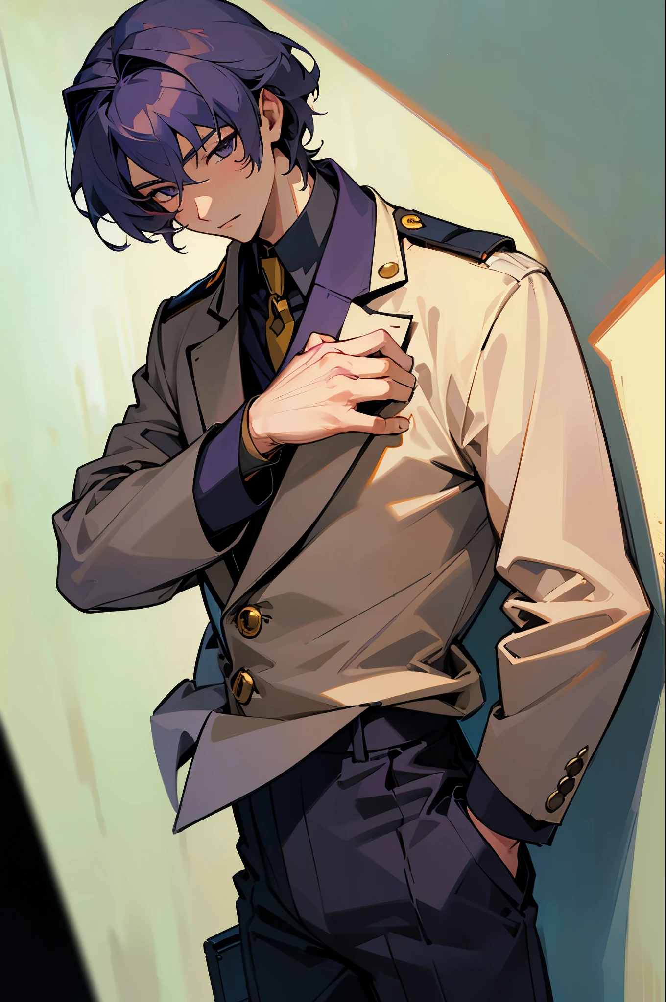 masterpiece, best quality, highres, solo male kira yamato, military uniform against wall, leaning back, hands in pockets