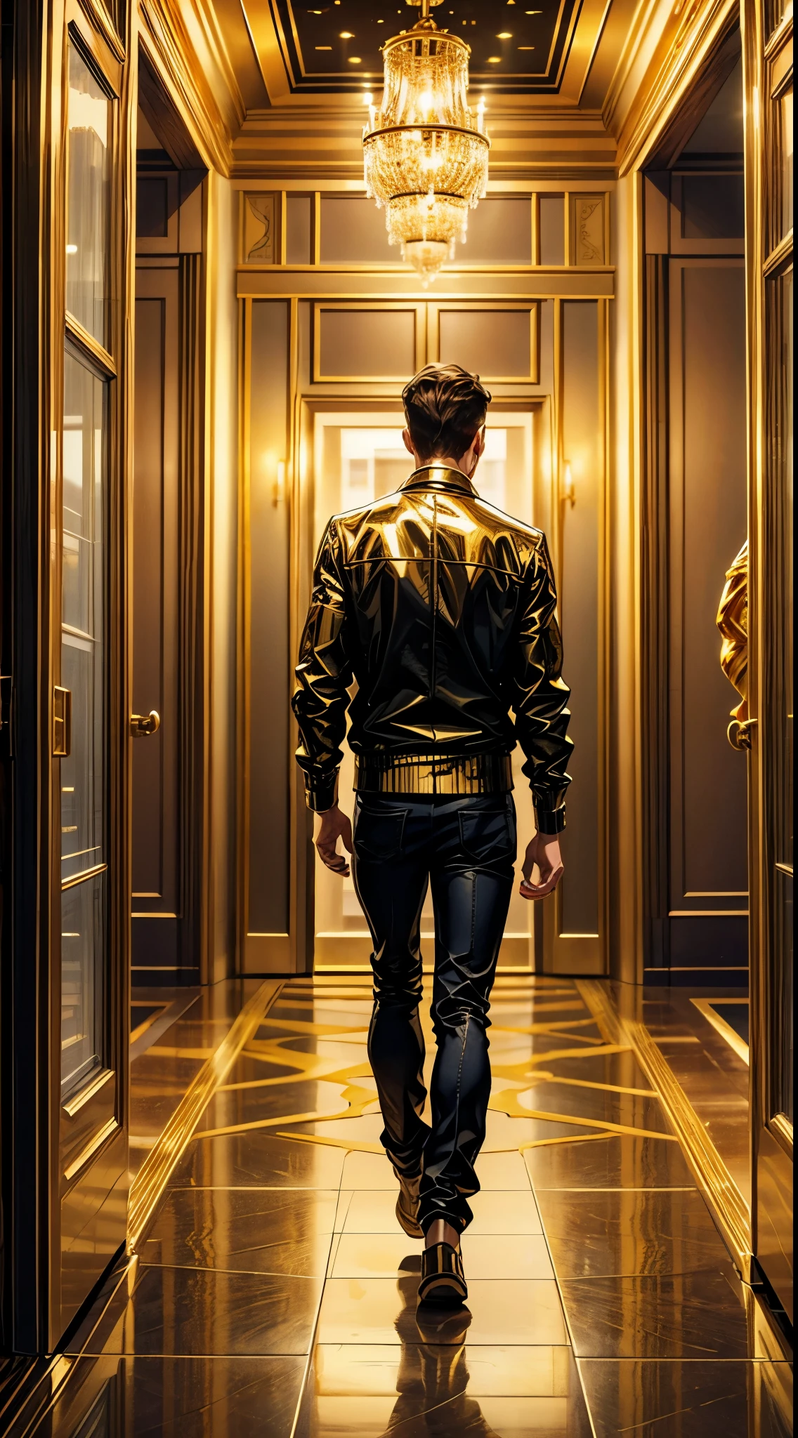 A man young entering jewelry store a jewelry, The walls and floor are covered in gold blocks. A woman and are walking away in the distance.