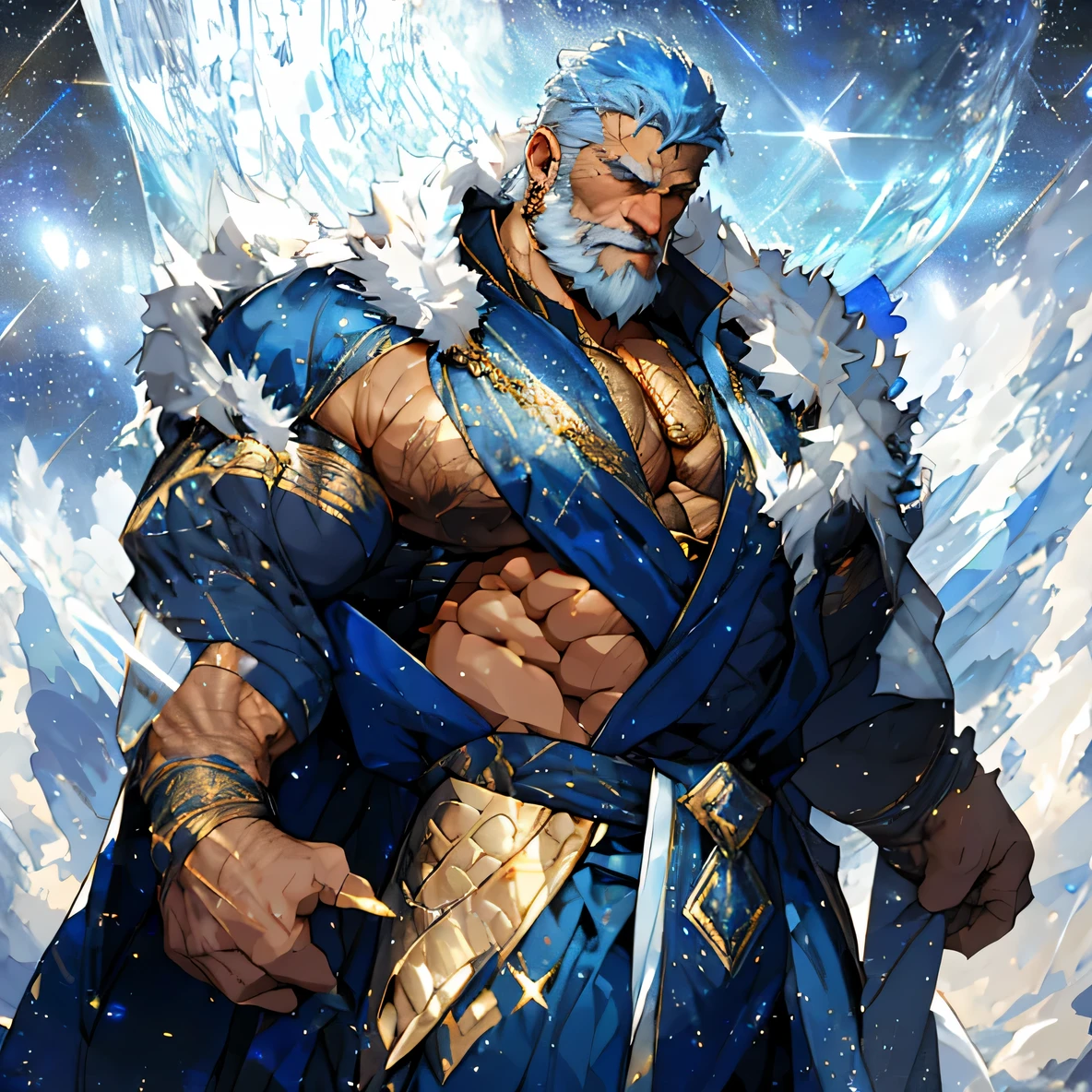 A big one, muscular old man，Sixty-five years old，Gorgeous sapphire blue silk robe，gold trim，He showed off his huge muscular chest，He showed off his great pecs，Energetic，Behind him are the brilliant starry sky and the cold polar regions，He showed off his strong chest muscles，Looking to the future，