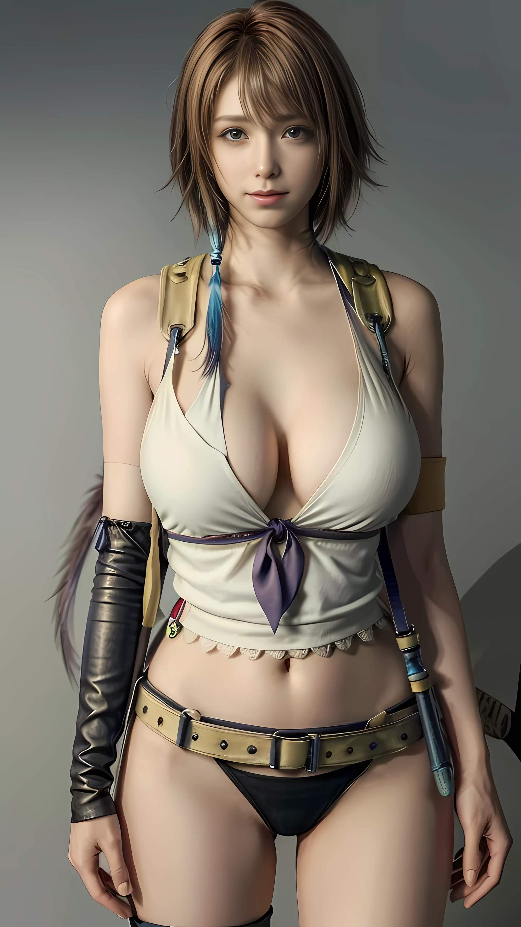 (masterpiece, best quality:1.3)
YunaFF10,  1girl, solo, looking at viewer, smile, short hair, blue eyes, bikini, front-tie top, suspenders, gloves, single elbow glove, thigh holster, torn pantyhose, brown hair, hair ornament, green eyes, smile, standing, yuna (ff10), (huge breasts:1.5)