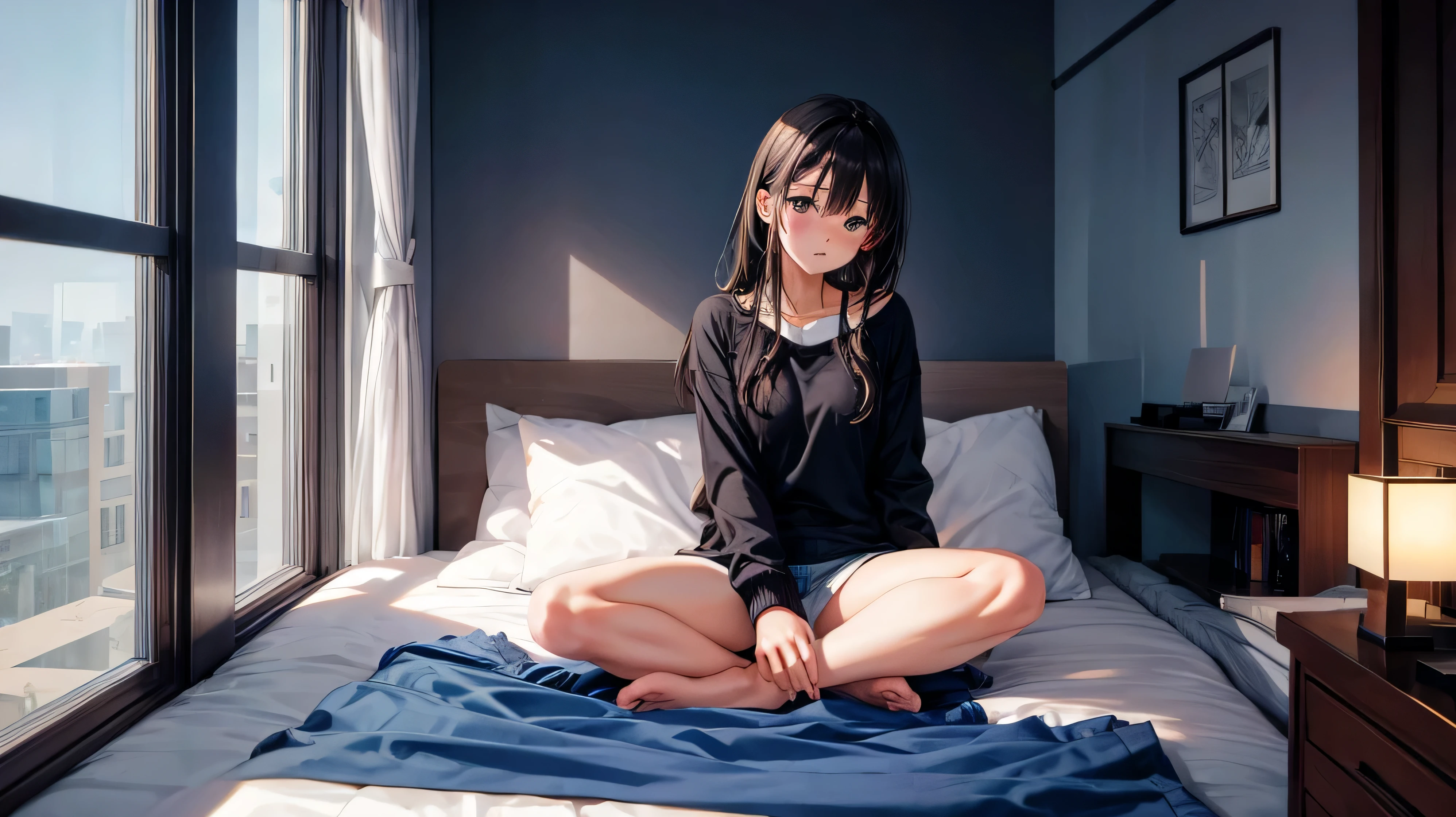 girl alone in the room at night