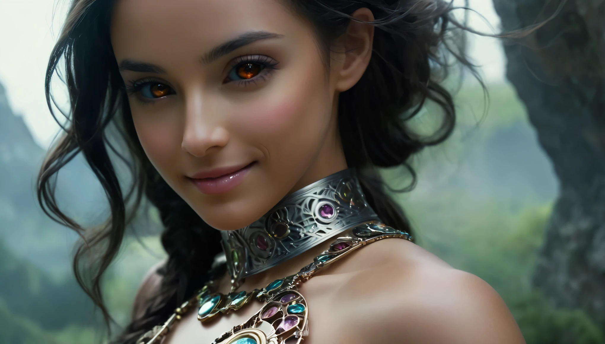 (1 beautiful teenage Saudi Arabian girl:1.6),(wears pearl white bodysuit with beautiful fractal or marble design:1.5),(She wears gauntlets with a detailed and very beautiful design decorated with jewels:1.6), ((She is showing her armpits:1.6)), (erotic pose:1.6), (model pose:1.6), incredibly spectacular scene, ((high quality)), ((fantasy)), blue plasma brain, green plasma body, obscene, average, (despicable:1.2), (immoral:1.2), (Small breasts with beautifully raised pink areolas:1.5), (expression of ecstasy:1.2), hyper realistic photo, official art, Unity 8K Wallpaper, 8K portrait, high quality, very high resolution, (incredibly beautiful nature background:1.6), (18-year-old:1.5), (sexy and glamorous:1.1), (coquettish expression:1.6), (smile seductively:1.6), beautiful seductive face, portrait, (thick eyebrows:1.4), Beautiful eyes with high bilateral symmetry, (highly detailed eyes:1.4),(highly detailed face and eyes:1.7), (High resolution Amber eyes:1.8), (Super detailed skin texture:1.4), super detailed dark skin, perfect anatomy, thin, (Beautiful muscular toned body:1.6), highly detailed jet black hair, (moist skin:1.2), no makeup, (Bear:1.1), excellent anatomy, Focus plane, good looking, (Emilia clarke:0.1) (Emma watson:0.3),(Jennifer connelly:0.24), (A delicately crafted necklace is wrapped around her neck), (Bioluminescence with a brilliant glow:1.4), (Shining magic circle:1.5), ruins of an ancient castle, Shining majestic clouds and sky, lightning, spectacular realistic, (Greg latkowski:0.8), (teal and orange:0.4), (art station:1.5), cinematic, (NSFW:1.6), dramatic light, (intricate details:1.1),Milky Way, (nebula:1.6), dark Knight, Focus on fully armored body