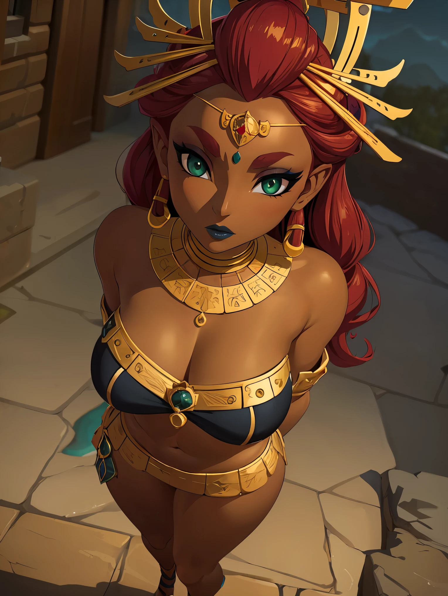 ((high detailed, best quality, 4k, masterpiece, hd:1.3)), ((best quality)), (((HD))), (((8k))), (ultraDH), (ultra HD), green eyes, BREAK green eyes, seductive, attractive, smooth anime cg art, 36C breasts, long legs, vivid colors, slim body, perfect skin, red hair, long hair, light hair, red hair, BREAK crown, cleavage, 36C cleavage, looking at viewer, BREAK looking at viewer, extremely detailed face, earrings, gem, dark blue makeup lips, dark gothic eyeshadows, dark eyeshadows, white eyeshadows, blue sexy lips, dark lips, very dark lips, (perfect hands, perfect anatomy), light makeup, blue medium lips, blue thick lips, detailed fingers, five fingers per hand, 5 fingers, (1 girl), detailed lips, detailed blue lips, blue painted lips, gothic painted lips, (breast focus), (arms outstreched:1.2), (from above:1.1), (breasts out:1.3), (off shoulder:1.1), full body, sexy legs, walk for desert, (((desert))),