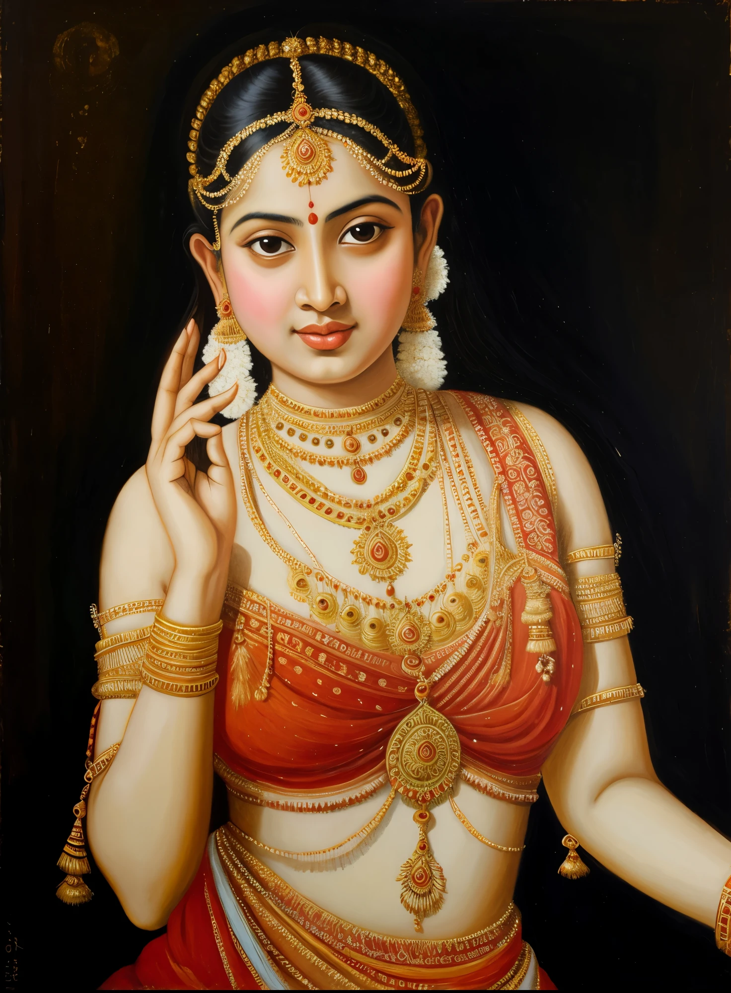 a oil painting of "Shakuntala" the famous mythological female character who exceptionaly beautiful, Apsara, Mohini, Kamini, based on Hindu mythology in Raja Ravi Varma Painting style, in baroque painting style, 19th century Academic Art, oviyar maruthi , exotic Indian art, oviyar maruthi painting, 