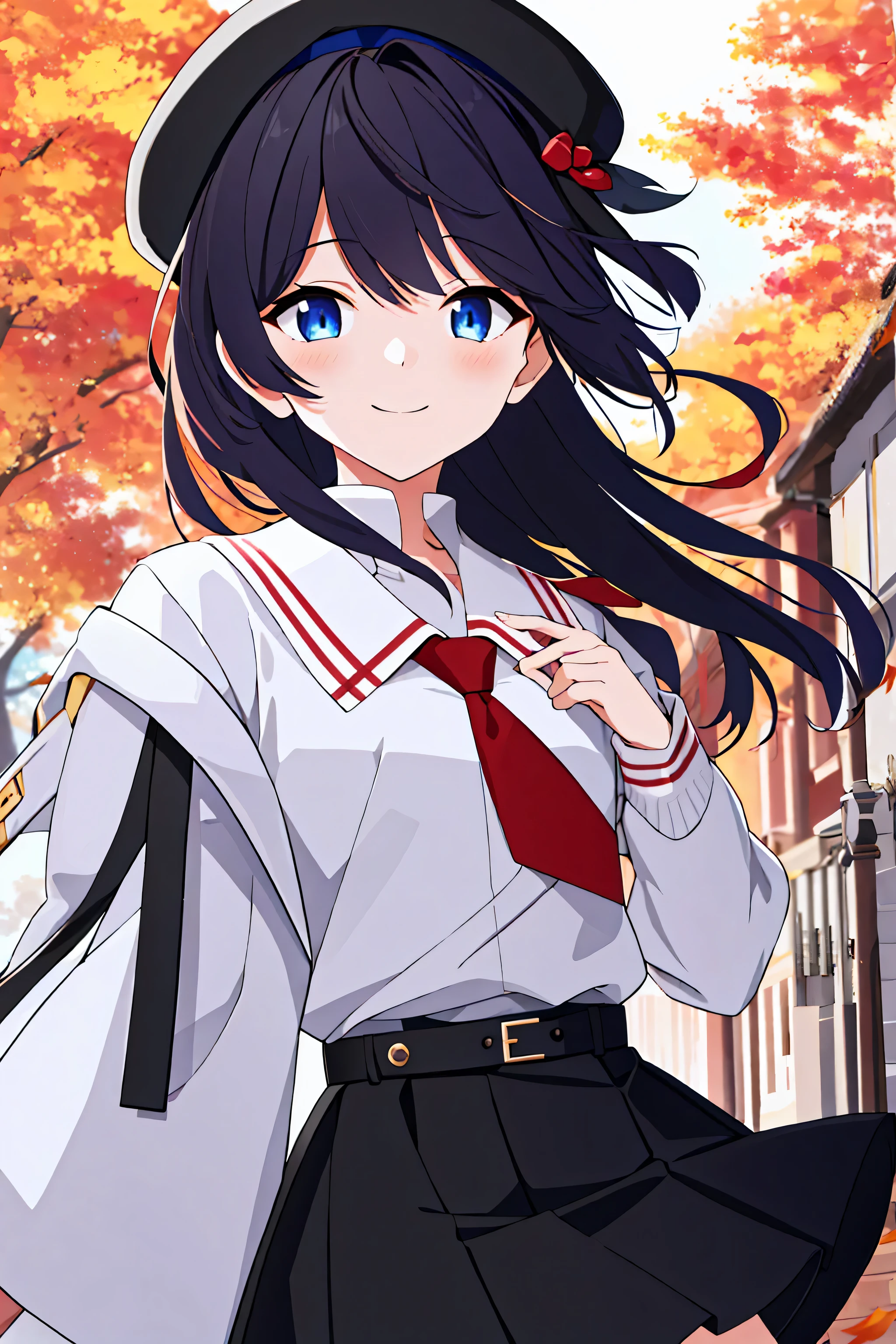 masterpiece, highest quality, 1 girl, alone, looking at the viewer, town, (autumn_leaf), Wind,Shopping bag, smile, upper_body, Shigureumi Casual KC, (long sleeve), have, (white) beret, (white) shirt, (white) dress, (black) Jacket, (red) tie, brown belt, hair ribbon, frills, very fine eyes、very detailed face、Insanely detailed body、very fine skin, very elaborate hair ornament, Precisely shaped body and hands