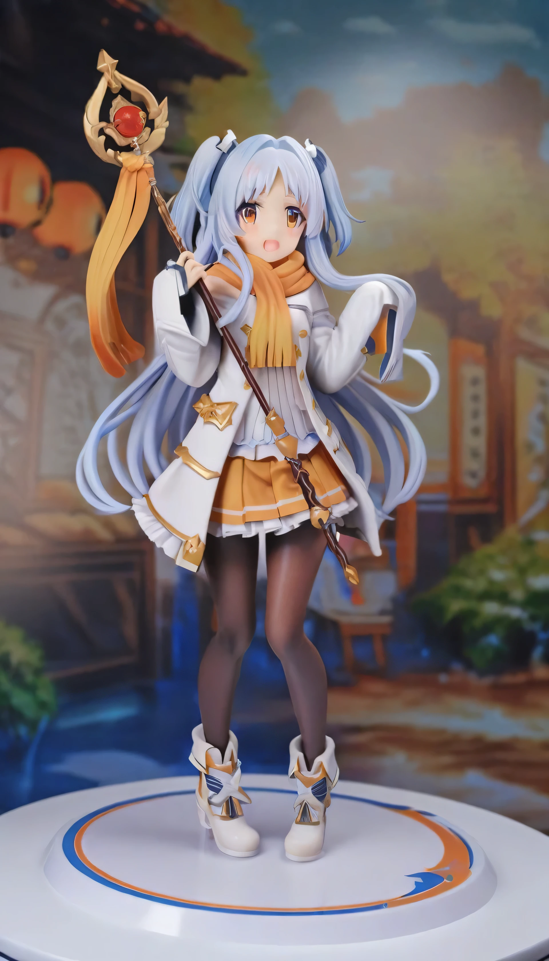 digit, 1 girl, Miyako \(Princess Link!\), pantyhose, alone, Smile, long hair, Sleeves extend beyond wrists, blush, scarf, Sleeves extend beyond fingers, long sleeve, reD eyes, looking at the audience, blue hair, staff, black pantyhose, wiDe sleeves, skirt, brown scarf, orange skirt, shoe, holDing, two siDe up, decorate, Eyebrows visible through hair, holDing staff, Dress, stripeD bow, stripeD, 白色shoe類, very long hair, Jacket, frilleD sleeves, brown eyes, Brown tights, white shirt, parteD bangs, brown skirt, white Jacket, white Dress, bow, orange scarf, shirt, Star \(symbol\), hair intake, boots, yellow scarf, teeth, Thigh clearance, open mouth, silver hair, hanDs up, pleateD skirt, :D, ribbon, foreheaD, layereD skirt, frilleD Dress, white ribbon, Tassel decoration, outDoors, masterpiece, best quality