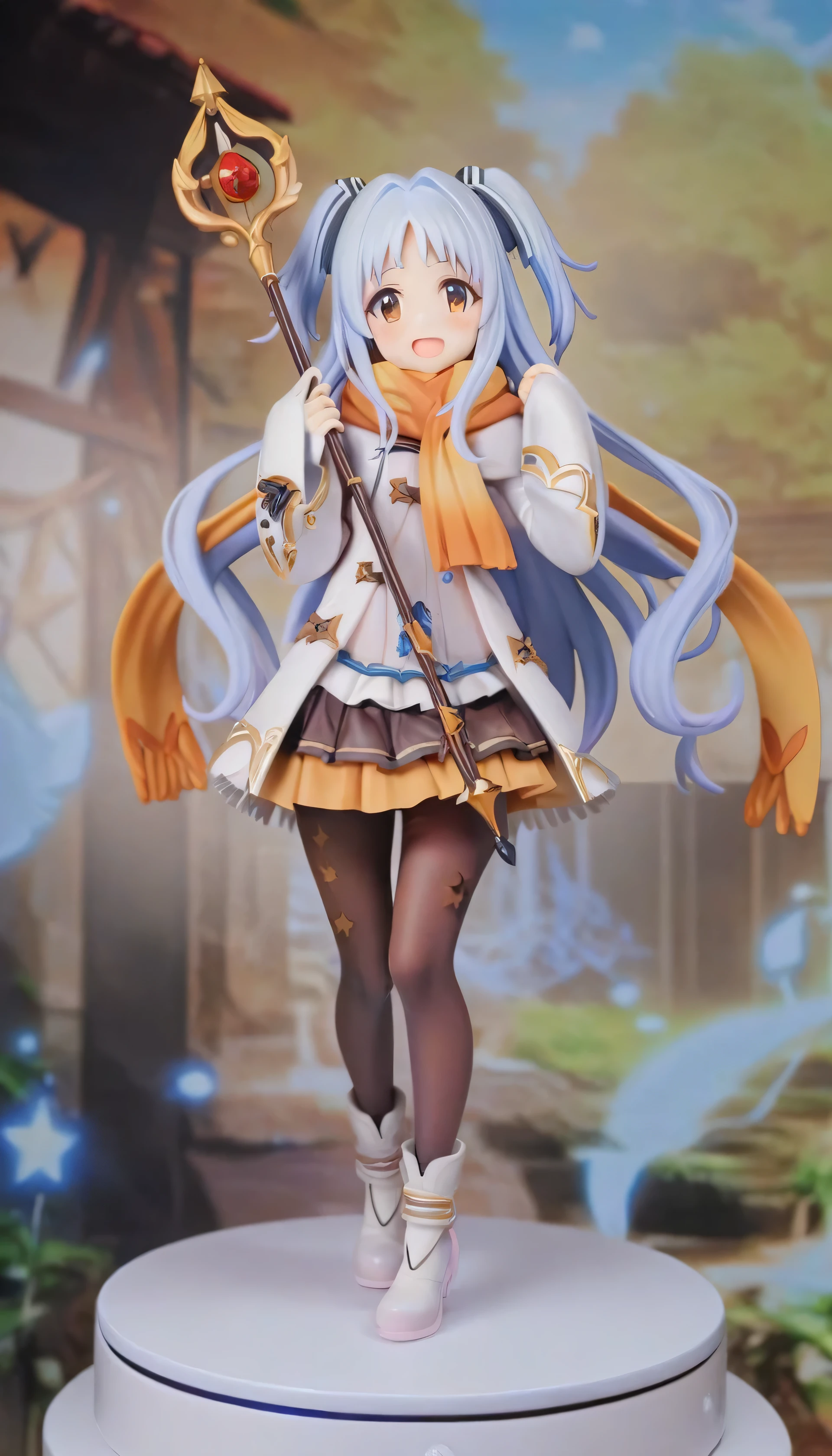 digit, 1 girl, Miyako \(Princess Link!\), pantyhose, alone, Smile, long hair, Sleeves extend beyond wrists, blush, scarf, Sleeves extend beyond fingers, long sleeve, reD eyes, looking at the audience, blue hair, staff, black pantyhose, wiDe sleeves, skirt, brown scarf, orange skirt, shoe, holDing, two siDe up, decorate, Eyebrows visible through hair, holDing staff, Dress, stripeD bow, stripeD, 白色shoe類, very long hair, Jacket, frilleD sleeves, brown eyes, Brown tights, white shirt, parteD bangs, brown skirt, white Jacket, white Dress, bow, orange scarf, shirt, Star \(symbol\), hair intake, boots, yellow scarf, teeth, Thigh clearance, open mouth, silver hair, hanDs up, pleateD skirt, :D, ribbon, foreheaD, layereD skirt, frilleD Dress, white ribbon, Tassel decoration, outDoors, masterpiece, best quality