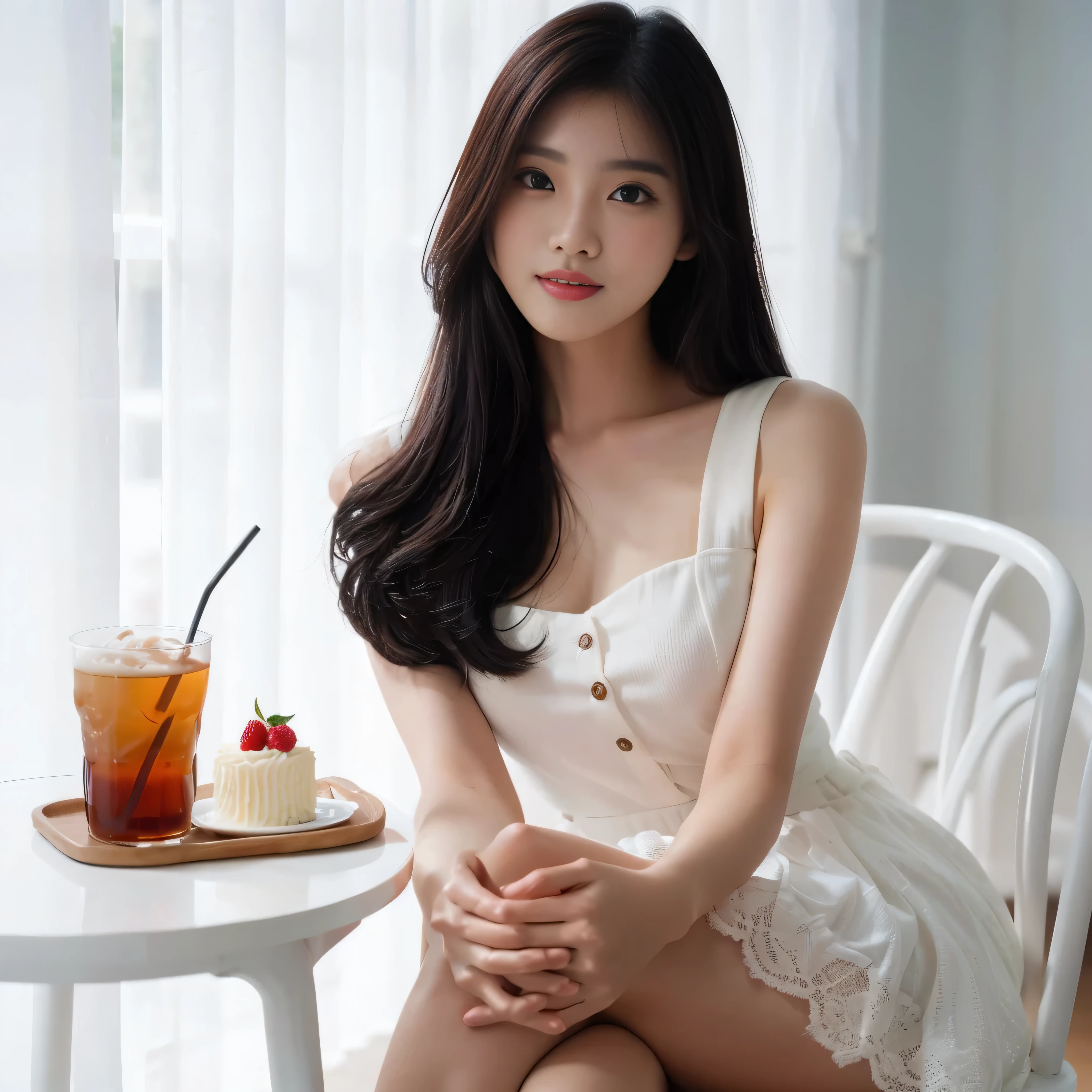 araffe woman sitting on a chair with a cup of tea and a cake, beautiful asian girl, gorgeous young korean woman, anime thai girl, beautiful young korean woman, beautiful south korean woman, korean girl, a young asian woman, a cute young woman, cute young woman, an asian woman, asian girl with long hair, attractive girl, asian girl