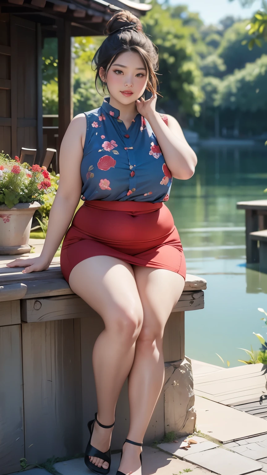 ((best quality)), ((masterpiece)), (detailed), perfect face, 4k, 8k , thick woman, thick body, Indonesian-japanese goddess , blue hair , wavy short hair , wearing sneakers , full body, random casual clothes , slightly fat belly , slightly fat thighs , slightly fat arms, japanese woman , fat cheeks ,