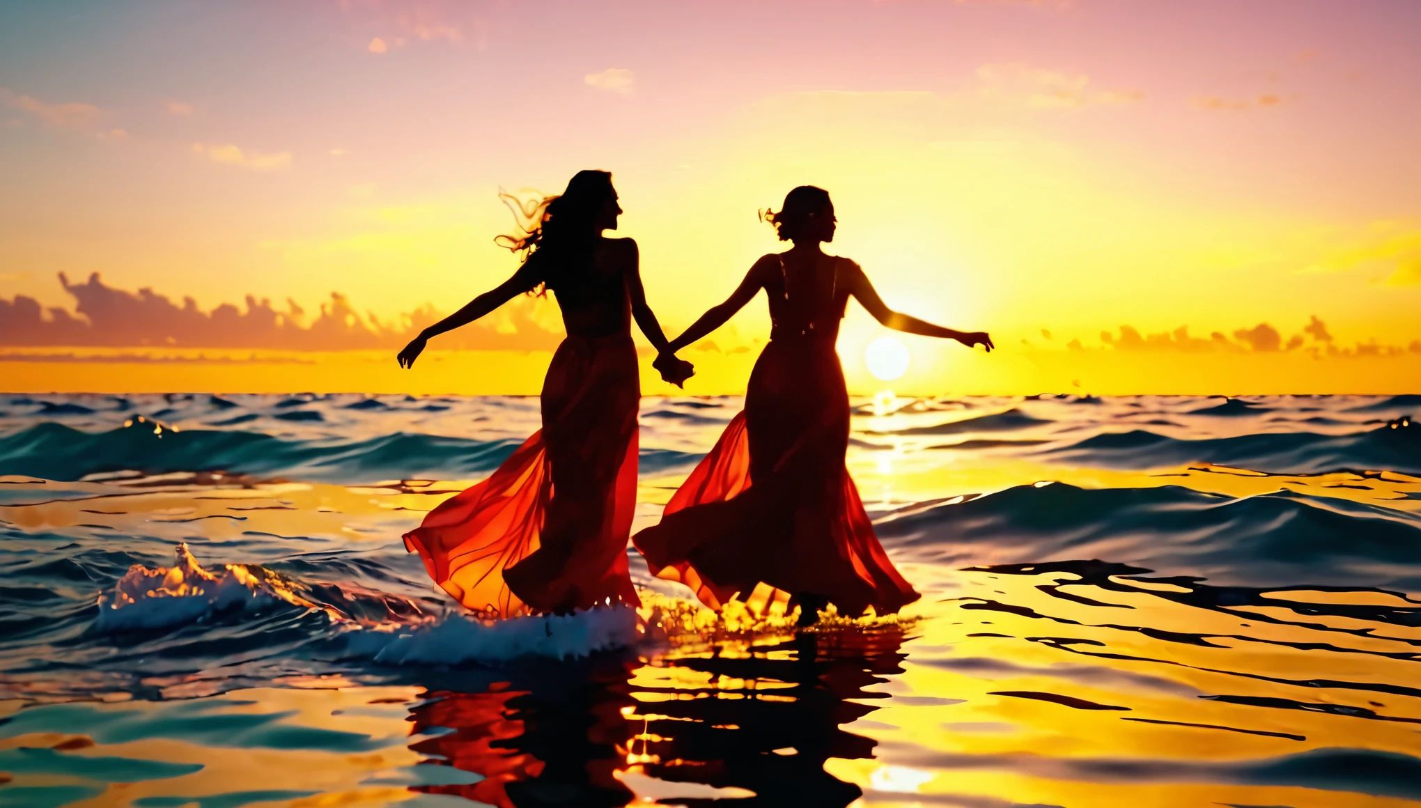 (best quality,8k,realistic),abstract,people dancing on the sea surface,detailed water reflections, vibrant colors, dynamic poses, flowing dresses, sunlight shining through the waves, joyful atmosphere, crisp details, sunset, golden hour, transparent clothes, immersive background