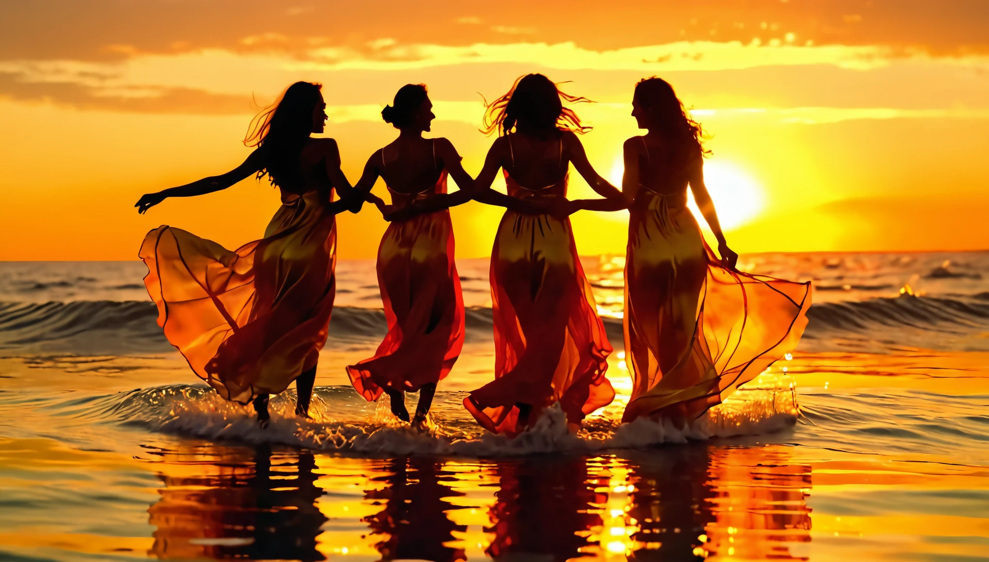 (best quality,8k,realistic),abstract,people dancing on the sea surface,detailed water reflections, vibrant colors, dynamic poses, flowing dresses, sunlight shining through the waves, joyful atmosphere, crisp details, sunset, golden hour, transparent clothes, immersive background