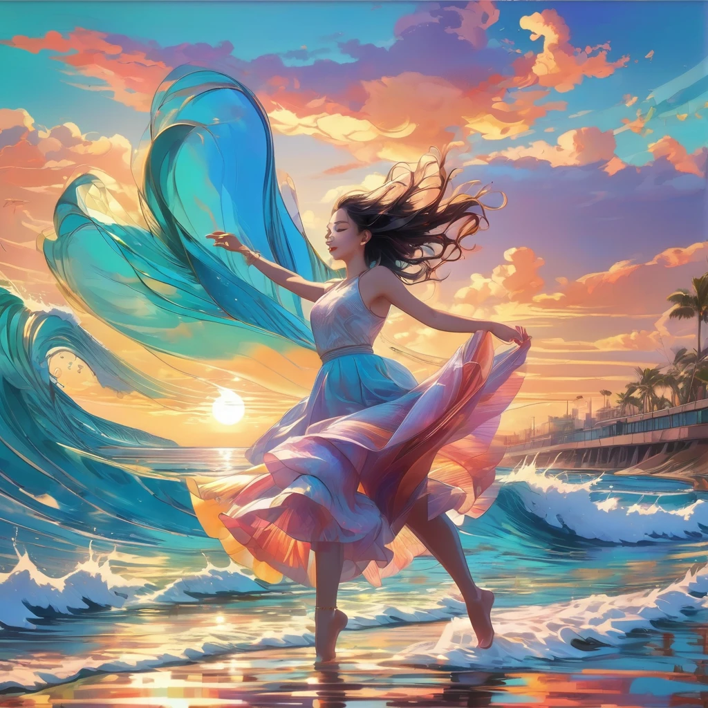 People Dancing on the Sea Surface, aesthetic, extremely detailed, (best quality,4k,8k,highres,masterpiece:1.2),ultra-detailed,realistic,photorealistic:1.37,Medium:oil painting,people dancing on the sea surface,aesthetic,colorful,expressive brushwork,windy atmosphere,dynamic poses,captivating movement,rippling waves,ethereal lighting,seagulls in the distance,twirling skirts,joyful laughter,piano music in the background,rippled reflections on the water,sunset hues,cloudy background,Tom Whalen's signature style,a masterpiece by Tom Whalen,trending on Artstation,floating feeling, and serenity,graceful and fluid movements,mesmerizing choreography,innocent and carefree expressions,endless horizon,harmony between nature and human.