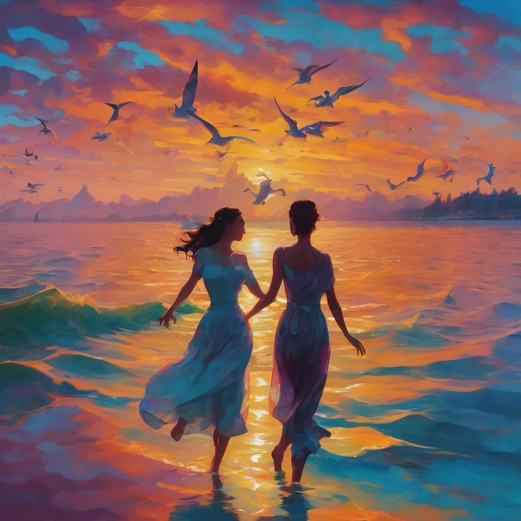 People Dancing on the Sea Surface, aesthetic, extremely detailed, (best quality,4k,8k,highres,masterpiece:1.2),ultra-detailed,realistic,photorealistic:1.37,Medium:oil painting,people dancing on the sea surface,aesthetic,colorful,expressive brushwork,windy atmosphere,dynamic poses,captivating movement,rippling waves,ethereal lighting,seagulls in the distance,twirling skirts,joyful laughter,piano music in the background,rippled reflections on the water,sunset hues,cloudy background,Tom Whalen's signature style,a masterpiece by Tom Whalen,trending on Artstation,floating feeling, and serenity,graceful and fluid movements,mesmerizing choreography,innocent and carefree expressions,endless horizon,harmony between nature and human.