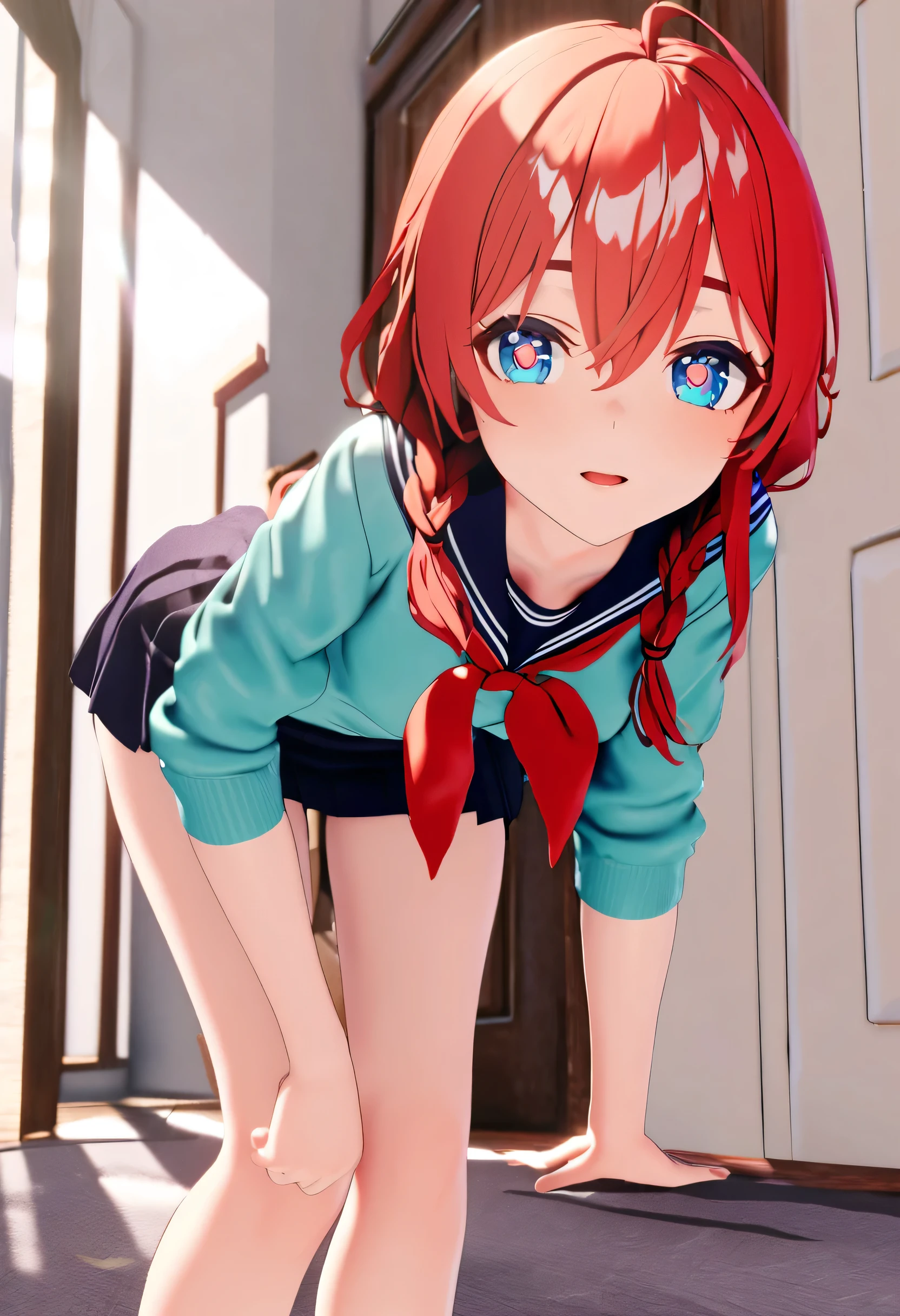 MMD,1 girl,indoors,aqua Jacket,blue eyes,Jacket,Leaning forward,long hair,looking at the audience,miniskirt,Red hair,red scarf,Uniforms,Sefuku,sitting,skirt,alone,striped hair,Sunlight,Symbol shaped pupils,Double braids,Virtual YouTube,