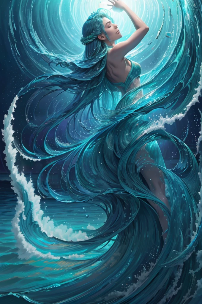 Dance of the Ocean, Goddess of Water(individual) elegant long hair(Basket green gradient) Dancing in the sea breeze and rolling waves、Splashing waves undulating ocean dance surrealism,The dance of the ocean in a dreamlike night with twinkling stars、Moonlight reflected on the sea. Bright ocean light show. Beautiful artistic illustration. Beautiful and soothing feeling.,Highly detailed fantasy magic concept art that allows people to feel the magic and power of nature in dance, dramatic lighting, Very detailed high definition close up of water magic fantasy gorgeous digital art