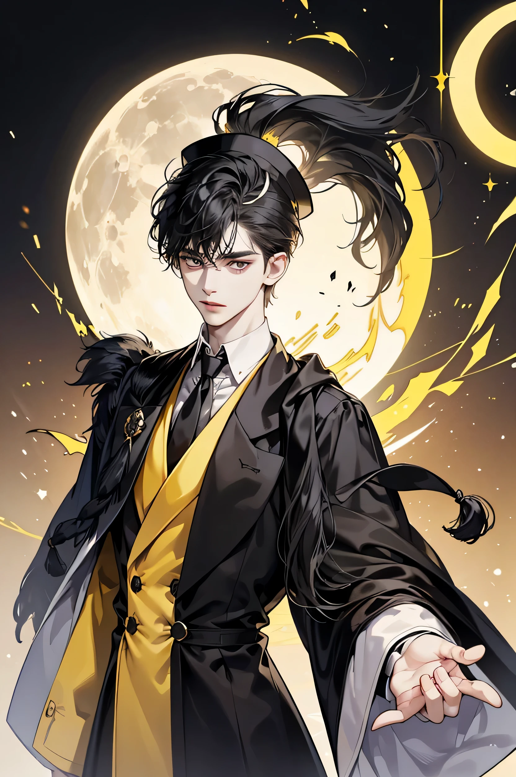 pale skin, a slender build, dark eyes, and short black hair that reached to his nape, a black academic dress, a small black graduation hat with a yellow tassel and a large black tie with a yellow crescent-shaped moon