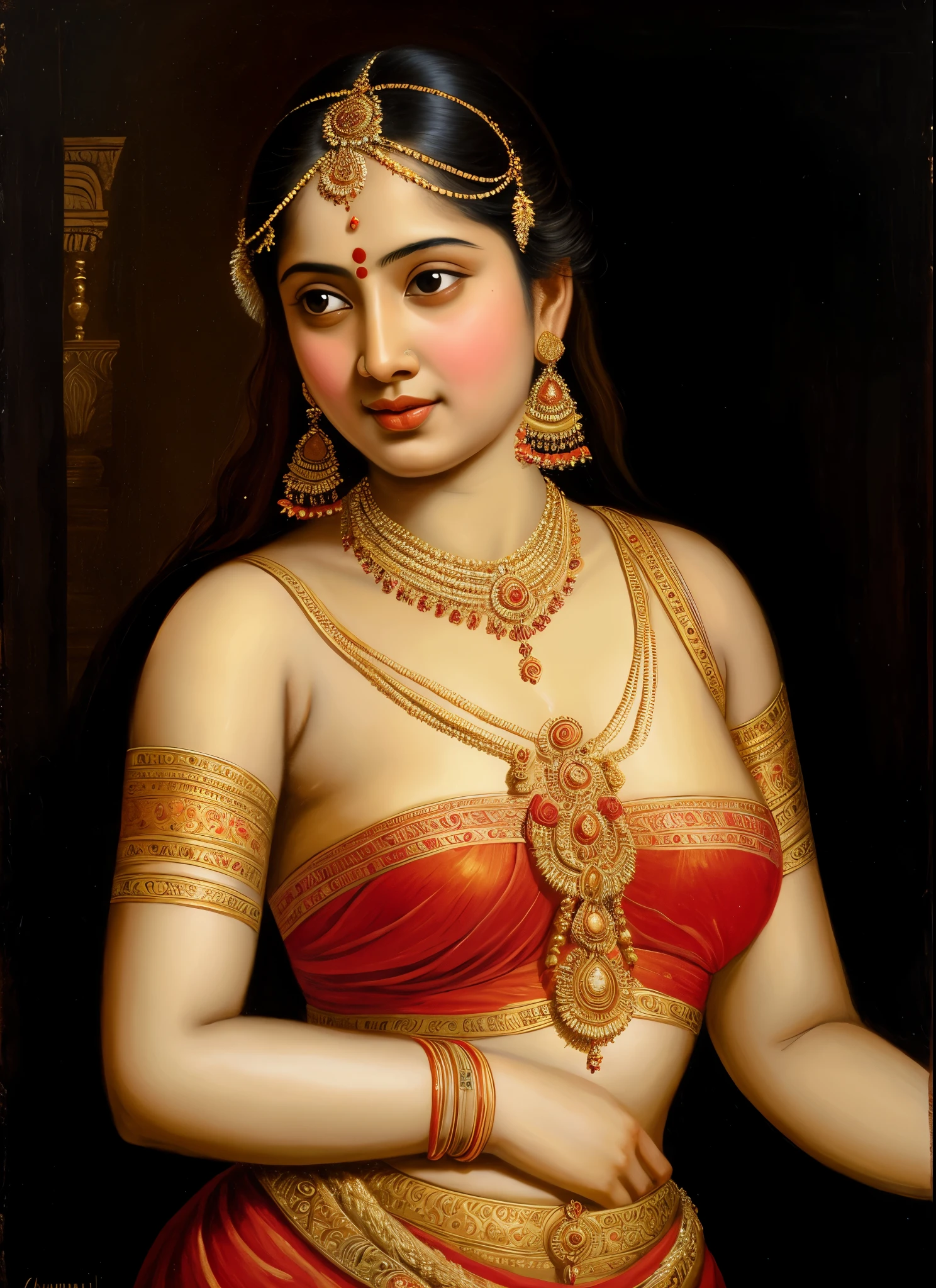 a oil painting of "Shakuntala" the famous mythological female character who exceptionaly beautiful, Apsara, Mohini, Kamini, based on Hindu mythology in Raja Ravi Varma Painting style, in baroque painting style, 19th century Academic Art, oviyar maruthi , exotic Indian art, oviyar maruthi painting, 