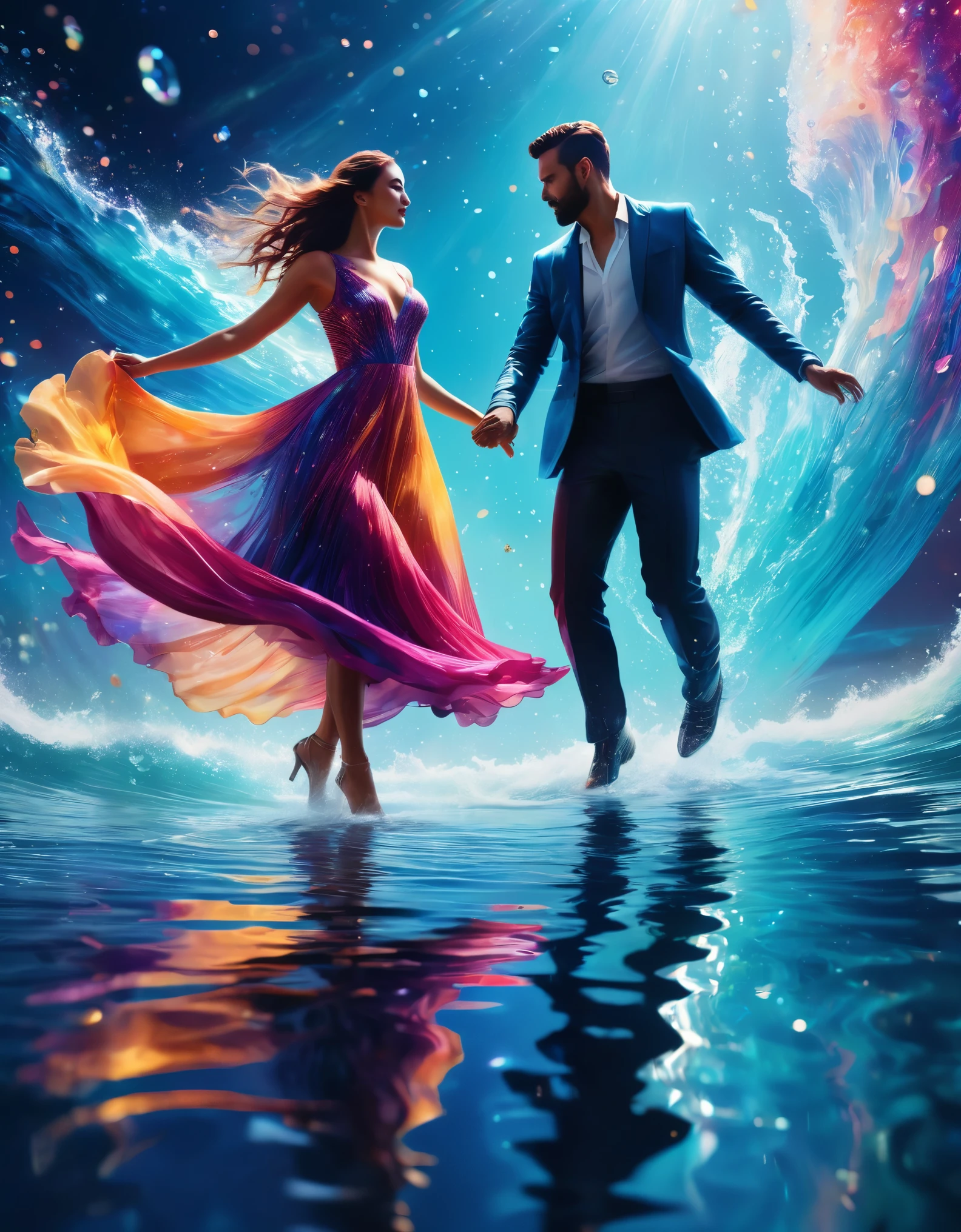 (best quality,8k,realistic),abstract, fantasy, sci-fi, space, people dancing on the sea surface,man and woman, detailed water reflections, vibrant colors, dynamic poses, flowing dresses, joyful atmosphere, crisp details, bokeh, sparkles, water splashes, immersive background of space