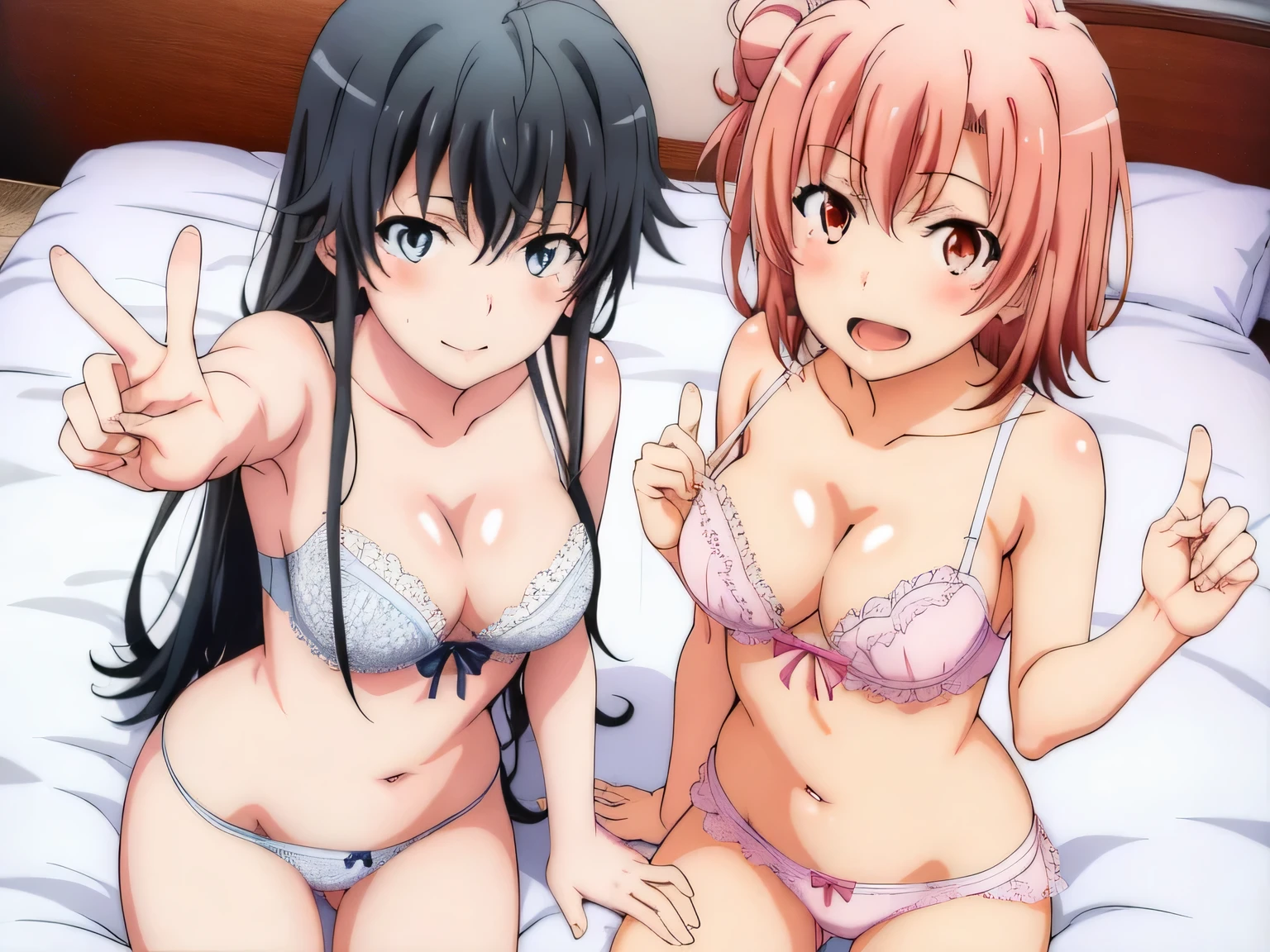 2 girls , Yukinoshita Yukino , yuigahama yui&#39;the bust is amazing,In underwear,bed,belly button,,pink silk panties,white silk panties,thighs,cowboy shot,high angle,beautiful eyes,open mouth smile,look at the camera