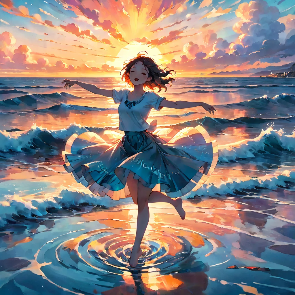 People Dancing on the Sea Surface, aesthetic, extremely detailed, (best quality,4k,8k,highres,masterpiece:1.2),ultra-detailed,realistic,photorealistic:1.37,Medium:oil painting,people dancing on the sea surface,aesthetic,colorful,expressive brushwork,windy atmosphere,dynamic poses,captivating movement,rippling waves,ethereal lighting,seagulls in the distance,twirling skirts,joyful laughter,piano music in the background,rippled reflections on the water,sunset hues,cloudy background,Tom Whalen's signature style,a masterpiece by Tom Whalen,trending on Artstation,floating feeling, and serenity,graceful and fluid movements,mesmerizing choreography,innocent and carefree expressions,endless horizon,harmony between nature and human.
