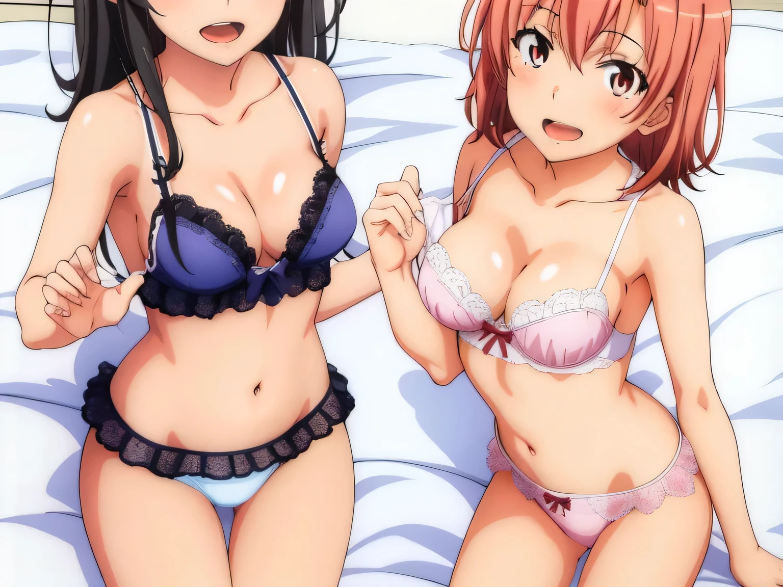 2 girls , Yukinoshita Yukino , yuigahama yui&#39;the bust is amazing,In underwear,bed,belly button,,pink silk panties,white silk panties,thighs,cowboy shot,high angle,beautiful eyes,open mouth smile,look at the camera