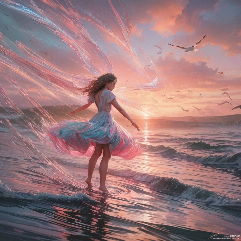 People Dancing on the Sea Surface, aesthetic, extremely detailed, (best quality,4k,8k,highres,masterpiece:1.2),ultra-detailed,realistic,photorealistic:1.37,Medium:oil painting,people dancing on the sea surface,aesthetic,colorful,expressive brushwork,windy atmosphere,dynamic poses,captivating movement,rippling waves,ethereal lighting,seagulls in the distance,twirling skirts,joyful laughter,piano music in the background,rippled reflections on the water,sunset hues,cloudy background,Tom Whalen's signature style,a masterpiece by Tom Whalen,trending on Artstation,floating feeling, and serenity,graceful and fluid movements,mesmerizing choreography,innocent and carefree expressions,endless horizon,harmony between nature and human.