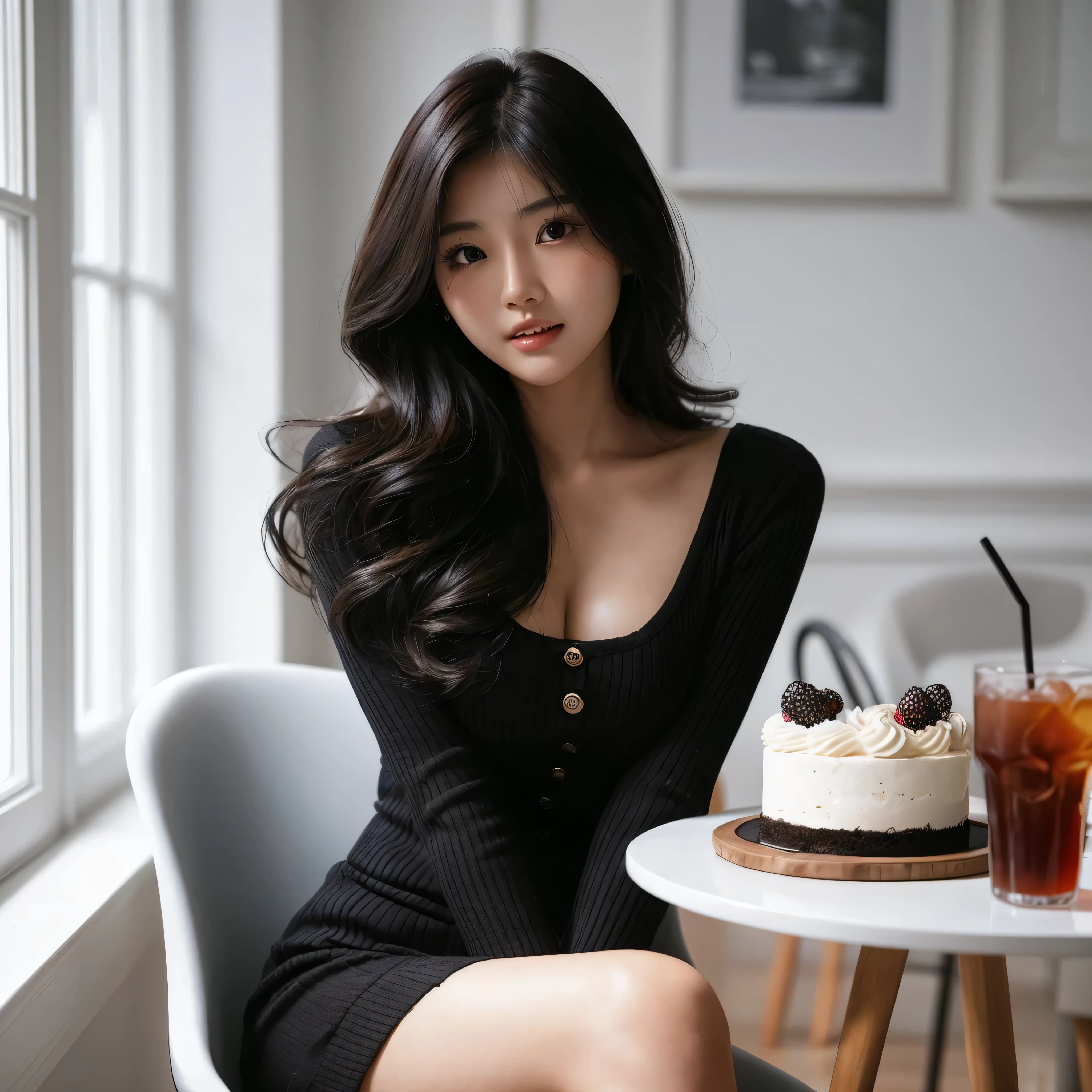 araffe woman sitting in a chair with a cake and drinks, gorgeous young korean woman, beautiful young korean woman, beautiful south korean woman, korean girl, beautiful asian girl, asian girl with long hair, lovely woman, a cute young woman, korean woman, cute young woman, a young asian woman, with long hair, an asian woman, beautiful asian woman