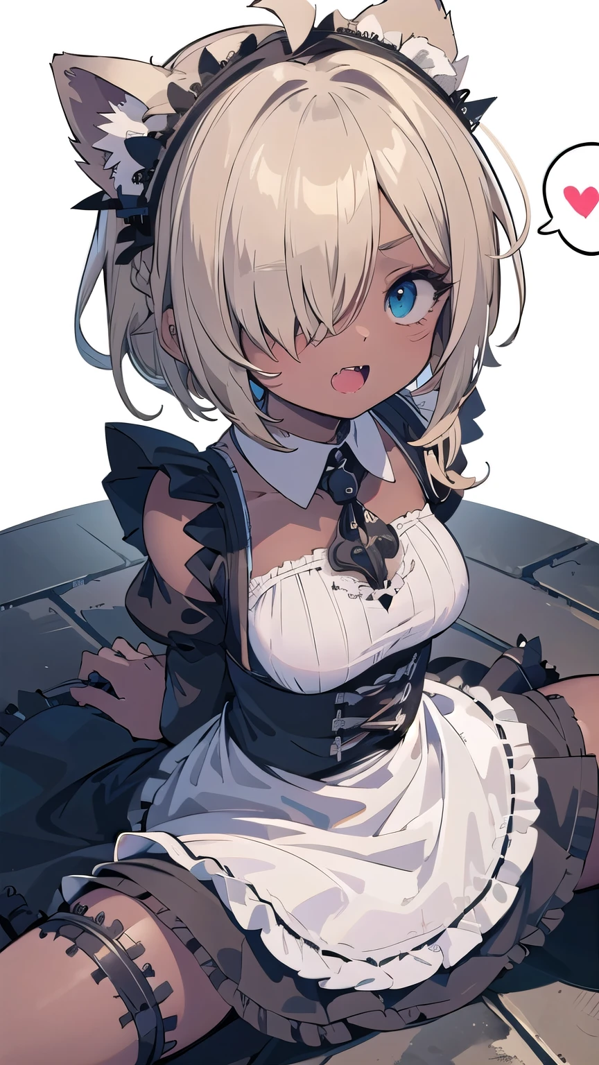 (masterpiece:1.2), (highest quality:1.2), perfect eyes, perfect face, perfect lighting, middle ages, prison, 1 boy,blonde　aqua eye, ((((((hair over one eye)))))), Braid Styles, spiked hair, blunt bangs, bob hair, a braid, Ahoge, ((((gothic maid)))), cute eyes, medium breast, glaring, open mouth, ((from above)), ((front)), arms behind back, wariza, ((spread legs)), orgasm, scared, , ahegao, smile+happy, fang, spoken heart, (((brown skin))),blowjob face