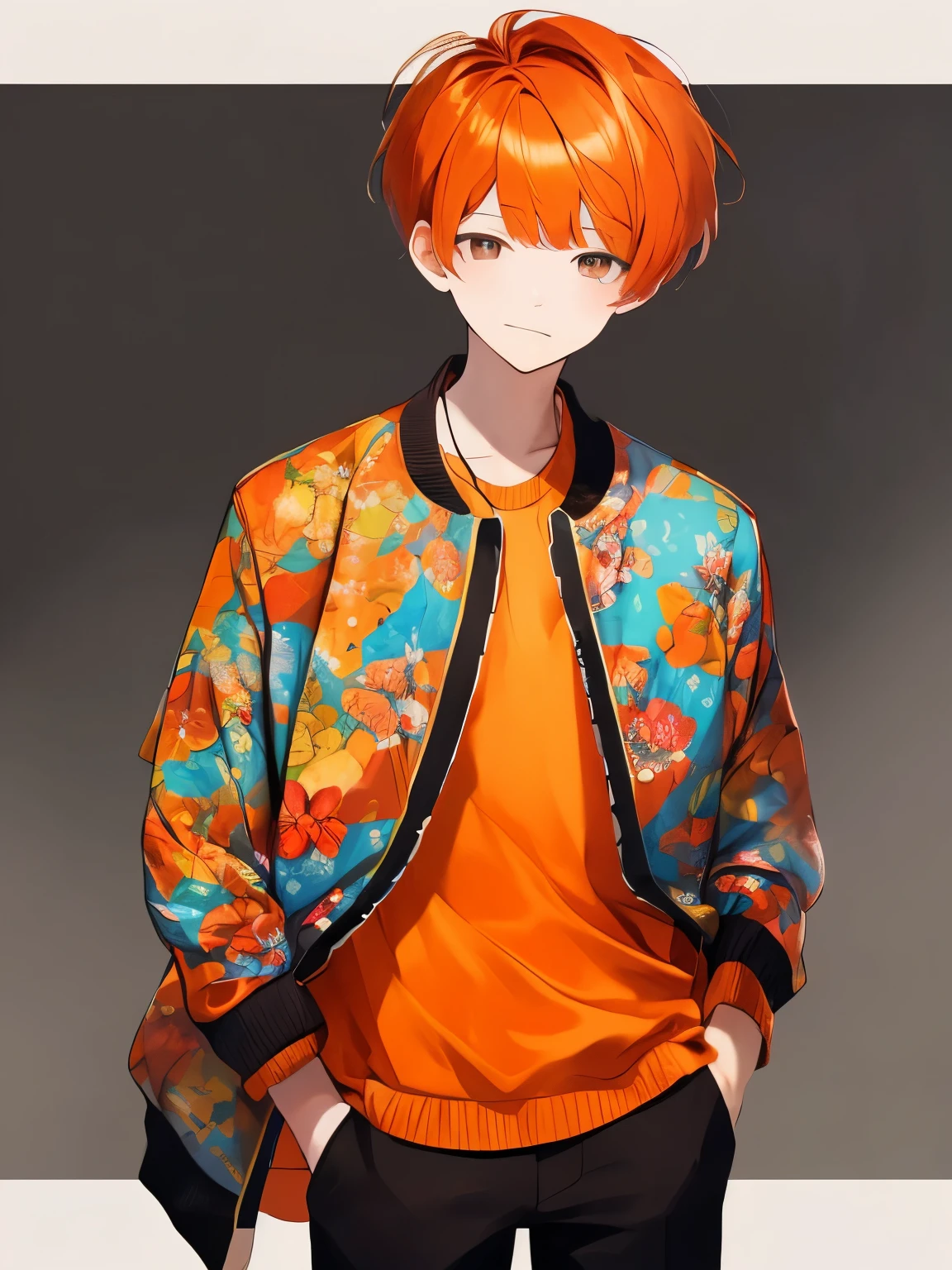 1boy,guy,Dark brown, Monolid eyes, Short hair, orange hair, Pixie cut, Jacket and trousers, normal face, bright color,half body photo