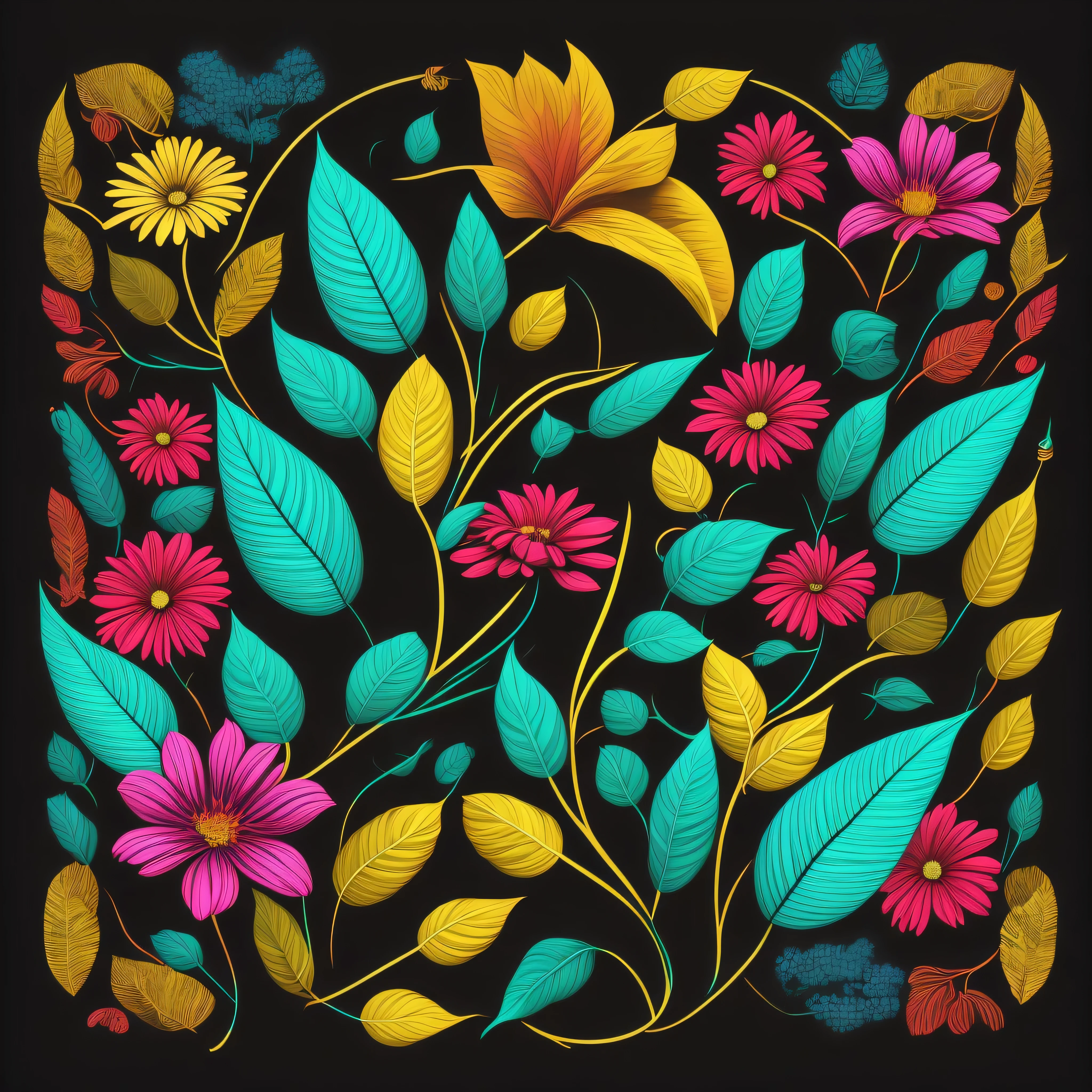 Nature's Blueprint,Leaves, Flowers, Botanical, Organic, 80's vector image, T-shirt design, isolated, black background, green yellow illustration and red only, with cyan color