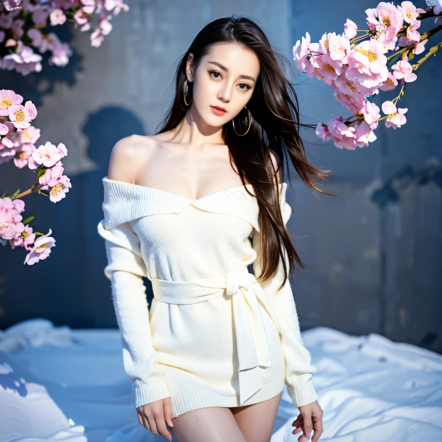 ((top quality、8k、Masterpiece:1.3))、Extremely delicate and beautiful girl,full-body shot,huge breasts,bigger breasts,amazing breast size,G cup。Wear big earrings,Very white skin,moist red lips,Waist is very thin,Thighs are very thin,big butt,fair and smooth skin,Smooth and fair skin,flawless skin,Fair and shiny skin,cold white skin,The camera focuses on the chest,Bright light,white sweater,Lower body exposed,bare shoulders,light blonde hair,The hair is light blonde,Snow covers the ground,snow mountain,sunset,There is a tree full of white flowers on the upper right