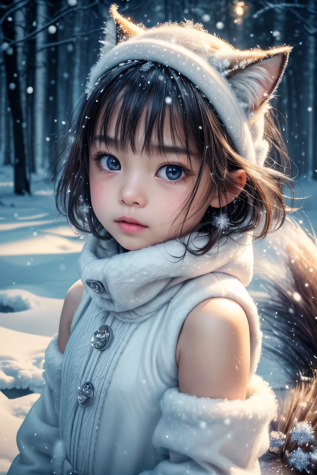 (raw photo:1.2), (photorealistic:1.4), (best quality:1.4), (ultra highres:1.2), (high detail:1.3), (HDR:1.2), (cinematic lighting:1.3), (little girl ), (4 years old), (asian girl), (shoulder length hair), (short hair), eye detail ), (detailed facial features), (fur detail), (snowy background:1.2), cute little fox, standing pose, ( 3/4 body portrait:1.2), (fluffy tail:1.2), (soft fur:1.2) , (adorable:1.2), (looking at the viewer), (innocent expression), (soft lighting), (dreamlike), ( fantasylike:1.3), (ethereal:1.3), (magic:1.2), (dream forest), (snowflake:1.2), (winter wonderland:1.3), (strange:1.2), (playful: 1.2).