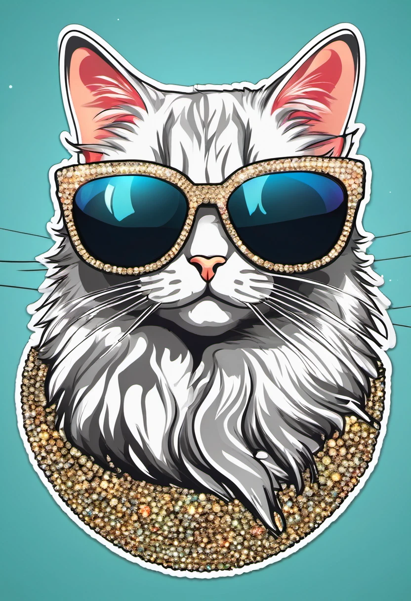 (illustration, vector style:1.3, sticker-style illustration for print) A cat with cool sunglasses, bling bling, hip hop, clean background, simple background.