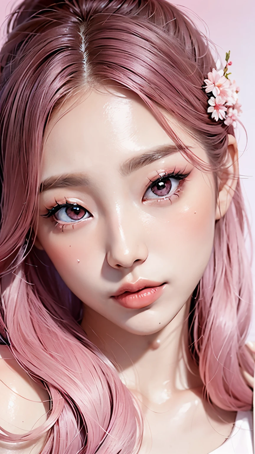 pink korean cherry blossom elegant makeup, pink and white colours