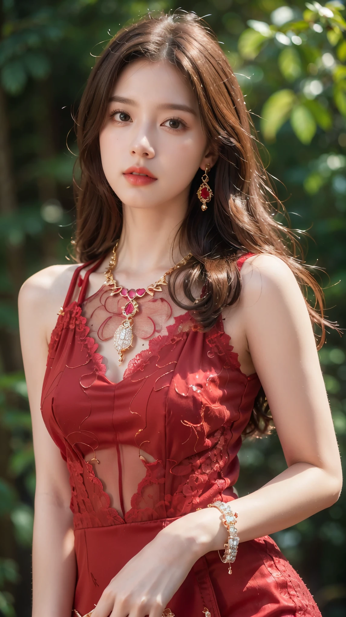 8k, masterpiece, 1 girl, beautiful face, white skin, very long hair, light makeup, detailed eyes, detailed lips, small breasts tight, realistic detailed, very detailed dress, princess dress, (red dress:1.2), (wearing jewellery:1.5), (lace:1.4), at the stage background, attractive poses,forest background, green background, Half body shot, 