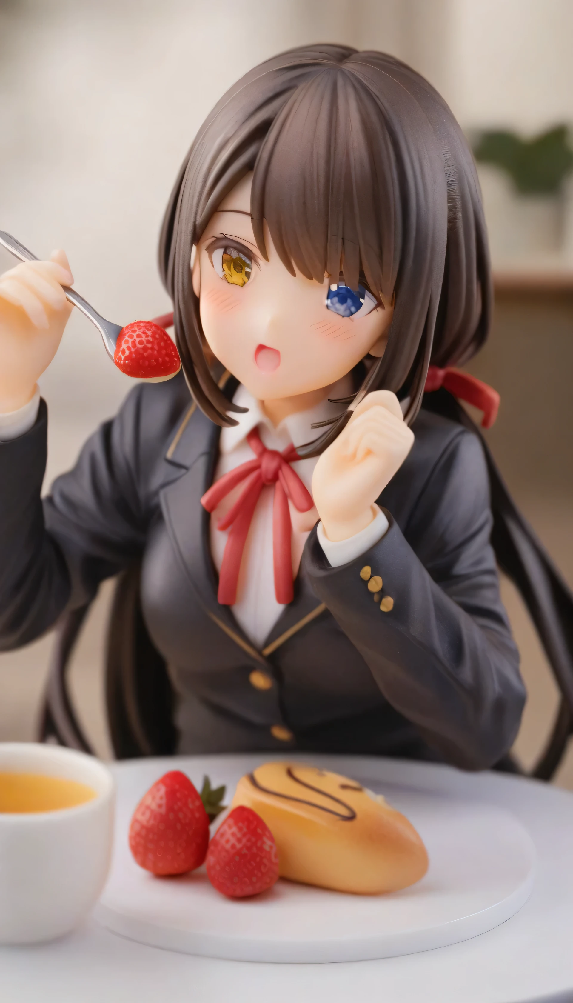 digit,Tokisaki_hulumi, 1 girl, 独自of, 黑色of_hair, food, 红色of_Eyes, incoming_food, hair_Exceed_one_Eye, cross, feed, Open_Mouth, Smile, School_uniform, cake, watching_exist_audience, Double tail, ribbon, 长of_hair, Keep_cross, View_pass through_table, heterochromia, suit, Jacket, blush, shirt, 模糊of, exist室内, Keep, 红色of_ribbon, neck_ribbon, 黑色of_Jacket, cup, yel低of_Eyes, 白色of_shirt, fruit, 模糊of_background, sitting, 低of_Double tail, table, depth_of_site, bell_Eyes, strawberry,masterpiece, 最好of质量,