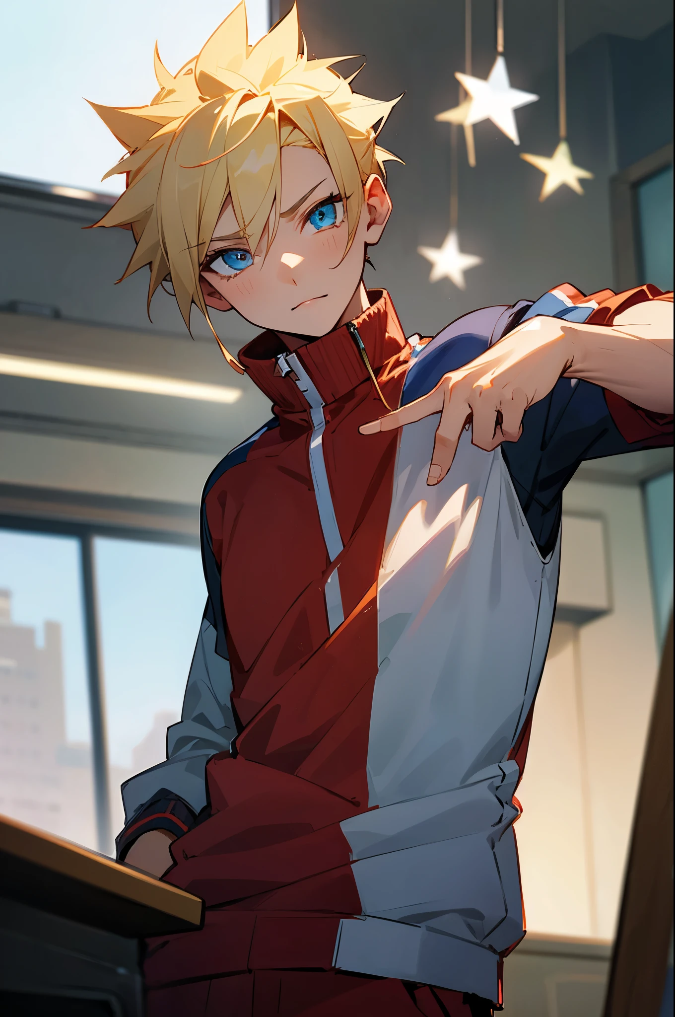 mirio, mirio, short hair, blonde hair, spiked hair, BREAK jacket, pants, scar, sleeves rolled up, track jacket, track suit, track pants, scar on arm, BREAK looking at viewer, upper body, BREAK indoors, classroom, BREAK (masterpiece:1.2), best quality, high resolution, unity 8k wallpaper, (illustration:0.8), (beautiful detailed eyes:1.6), extremely detailed face, perfect lighting, extremely detailed CG, (perfect hands, perfect anatomy),