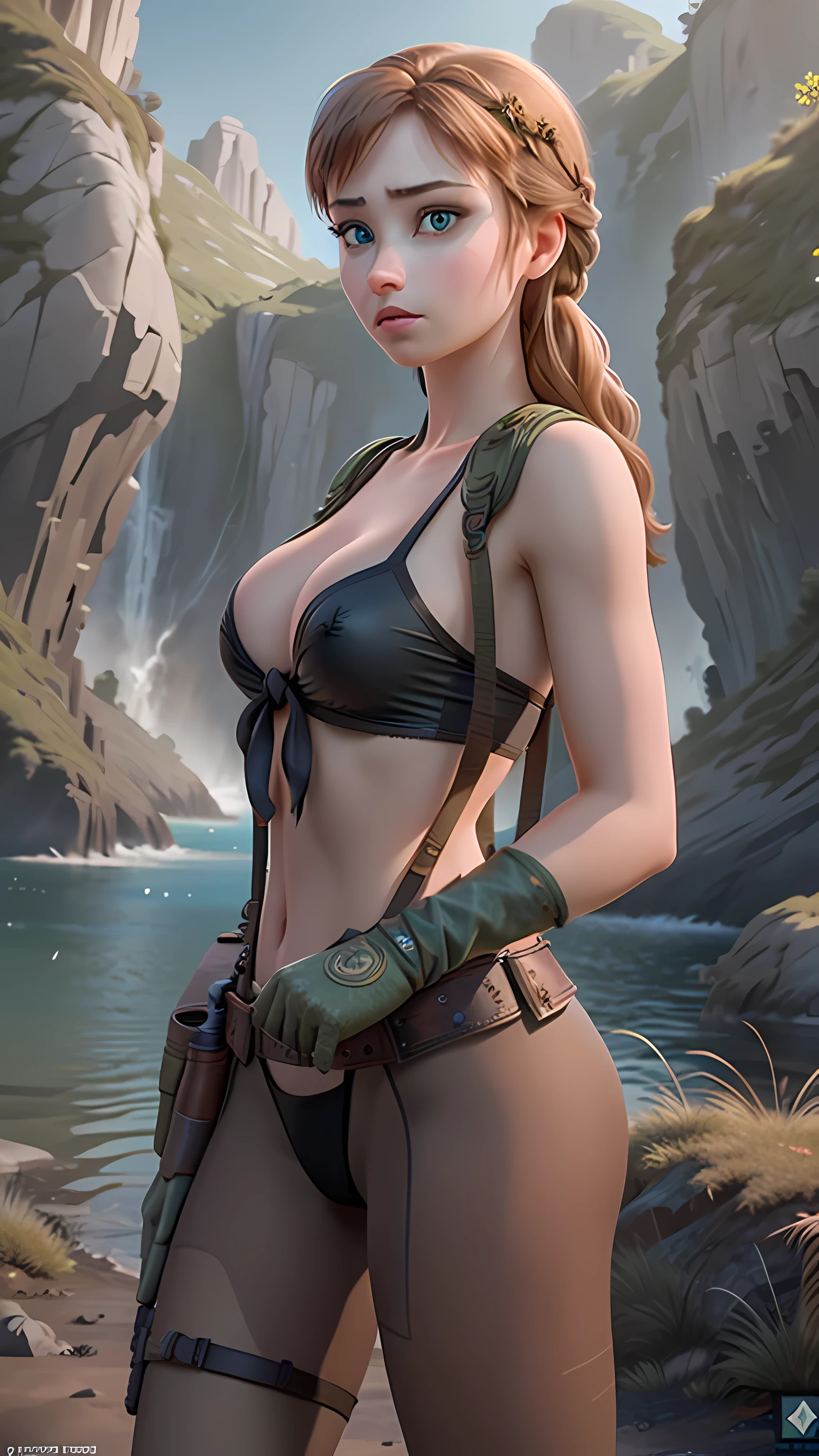 anna of arendelle, , bikini, front-tie top, suspenders, gloves, single elbow glove, thigh holster, torn pantyhose, full body, (big breasts), (realistic: 1.2), (realism), (masterpiece: 1.2), (best quality), (ultra detailed), (8k, 4k, intricate), light particles, lighting, (highly detailed: 1.2), (detailed face: 1.2), (gradients), nsfw, colorful, (detailed eyes: 1.2), (detailed background), detailed landscape, (rule of third_composition: 1.3),