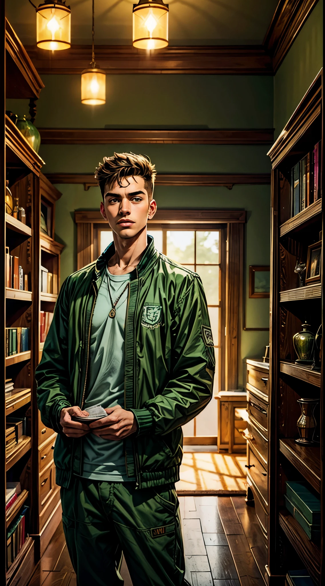 In the image, a young man is standing in a room filled with various items. He is wearing a green jacket and looking down at his hands. The word, is written in the image. There are multiple shelves and lamps in the background.