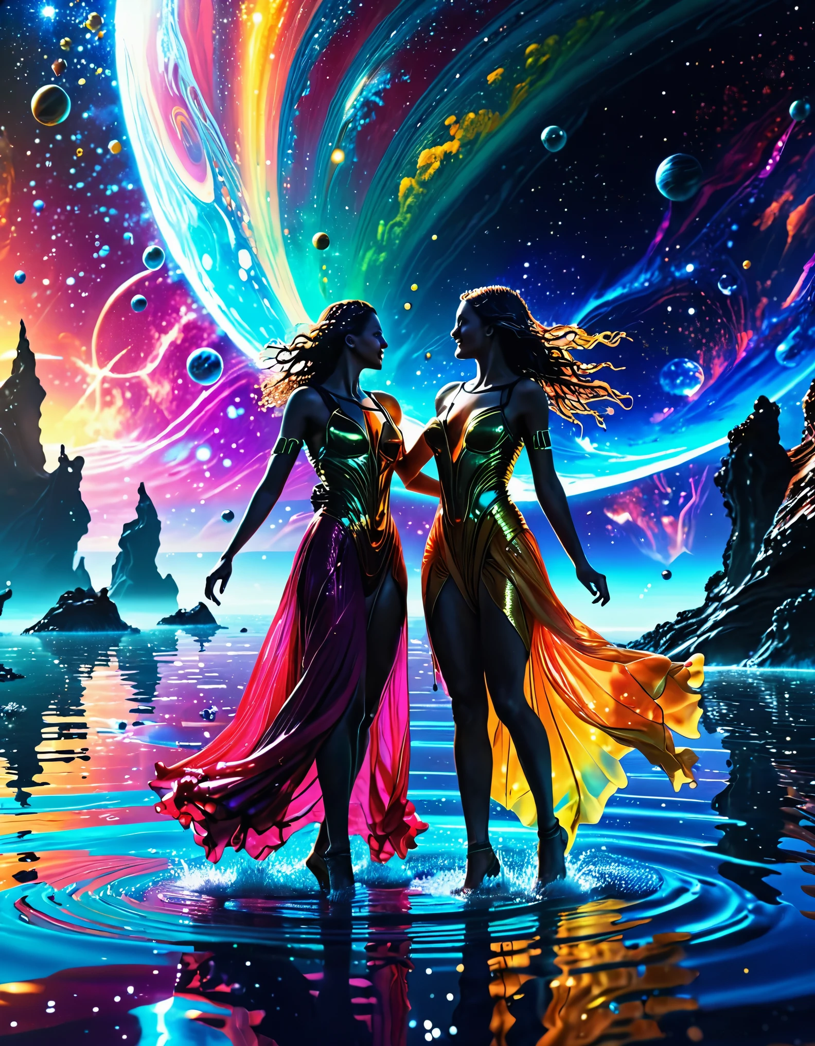 (best quality,8k,realistic),abstract, fantasy, sci-fi, space, people dancing on the sea surface on alien planet on space,mans and womans, detailed water reflections, vibrant colors, dynamic poses, flowing dresses, joyful atmosphere, crisp details, bokeh, sparkles, water splashes, immersive background of space, stars