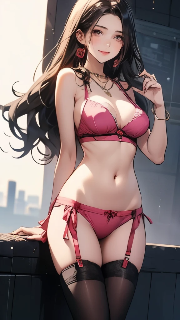 20 year old woman、wet dress、big and full breasts、biomechanics , breast proportions, shy smile、 ニーハイstockings, adult woman, (when it enters the sheath:1.3), long wavy hair、dark brown hair, mini skirt, (shiny skin), brown eyes, Kamimei、long wavy hair、swelling、stockings、Upskirt、plump hips、Larger earrings、necklace、 (stand in a motorsport race)+, sexy hips、Kamimei、chest opening、chest emphasis pose、pink panties、pink lace bra