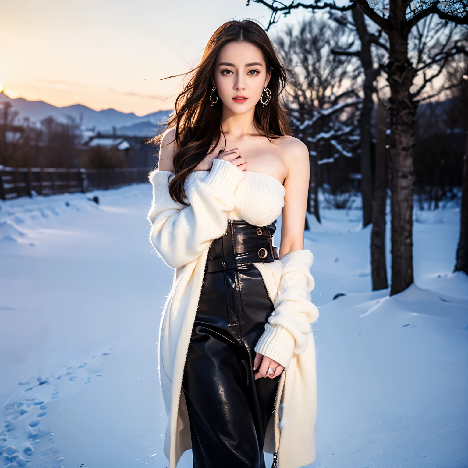 ((top quality、8k、Masterpiece:1.3))、Extremely delicate and beautiful girl,full-body shot,huge breasts,bigger breasts,amazing breast size,G cup。Wear big earrings,Very white skin,moist red lips,Waist is very thin,Thighs are very thin,big butt,fair and smooth skin,Smooth and fair skin,flawless skin,Fair and shiny skin,cold white skin,The camera focuses on the chest,Bright light,white sweater,Lower body exposed,bare shoulders,light blonde hair,The hair is light blonde,Snow covers the ground,snow mountain,sunset,There is a tree full of white flowers on the upper right