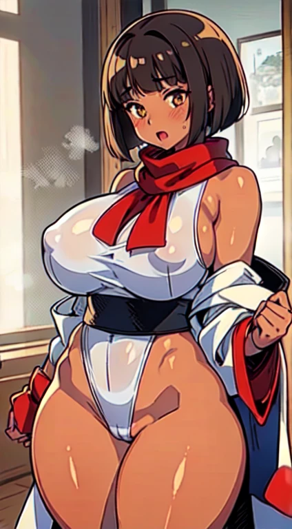 (perfect body),highest quality,16K、((((low length))))、(((((upon)))))、(((((brown skin)))))、kimono、(white leotard)、(((blush)))、:d、Tree eyes、dull bangs、(short hair)、(((bob cut)))、(orange eyes),((black hair)),(Sweat)、((red scarf))、(((red mini skirt)))、((big ass))、((huge breasts))、(((thick thighs)))、armpit、